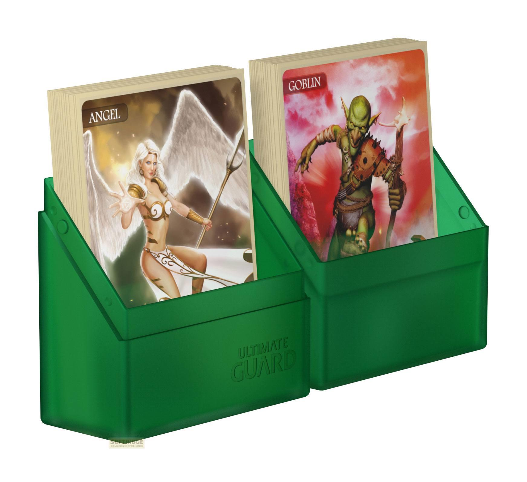 Deux porte-cartes verts avec des cartes de jeu, l'un avec un ange, l'autre un gobelin.