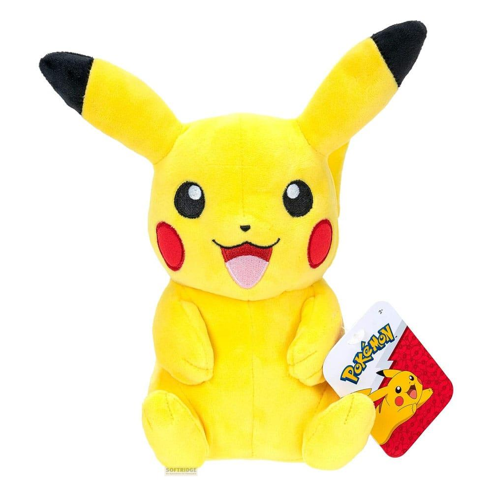 Un Pikachu di peluche giallo con guance rosse e punte nere.