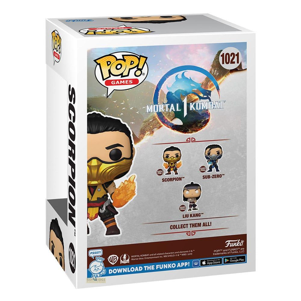 Scatola Funko Pop Mortal Kombat con Scorpion, piccole figure di Scorpion, Sub-Zero e Liu Kang.