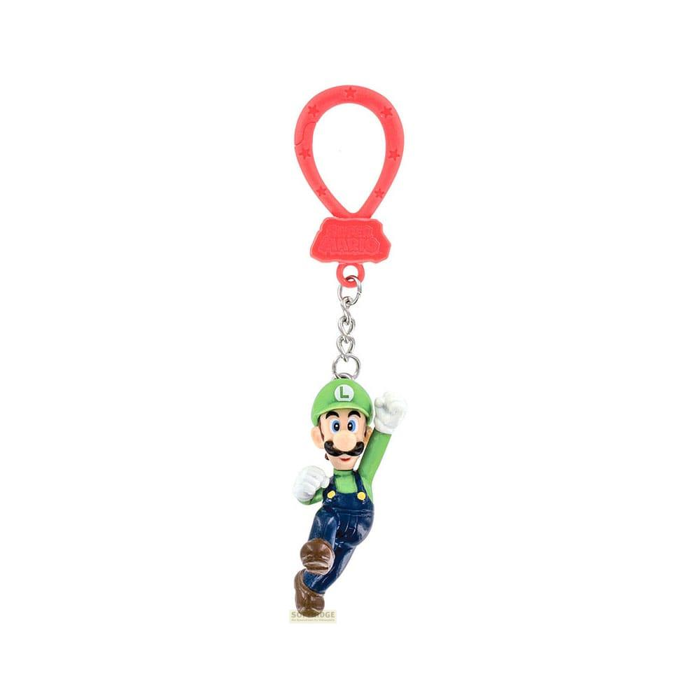 Llavero de Luigi con bucle rojo del logo de Super Mario, colgando de una cadena.