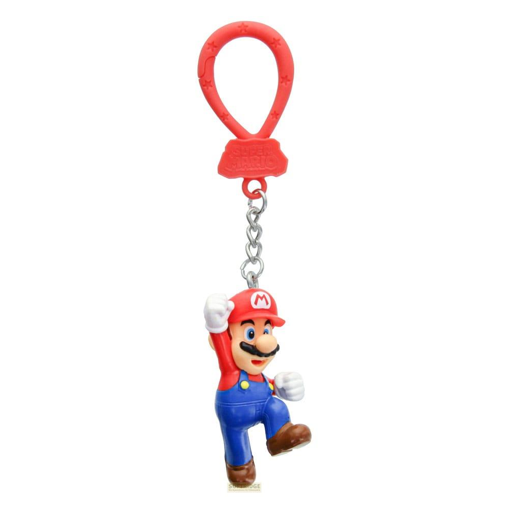 Llavero de Mario: gorra roja, overol azul, camisa roja, guantes blancos, zapatos marrones.