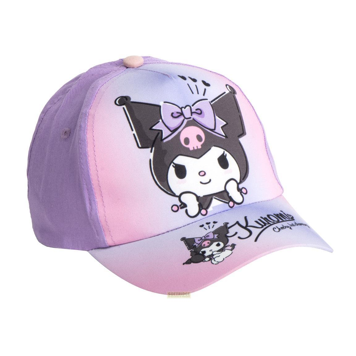 Gorra de béisbol degradada morada y rosa con arte del personaje Kuromi.