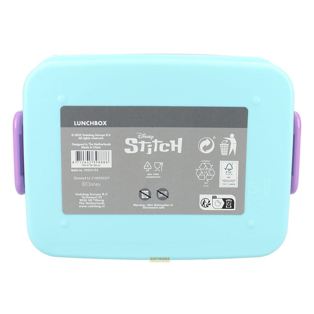 Hellblaue Brotdose mit Stitch-Motiv, BPA-frei, Handwäsche empfohlen.