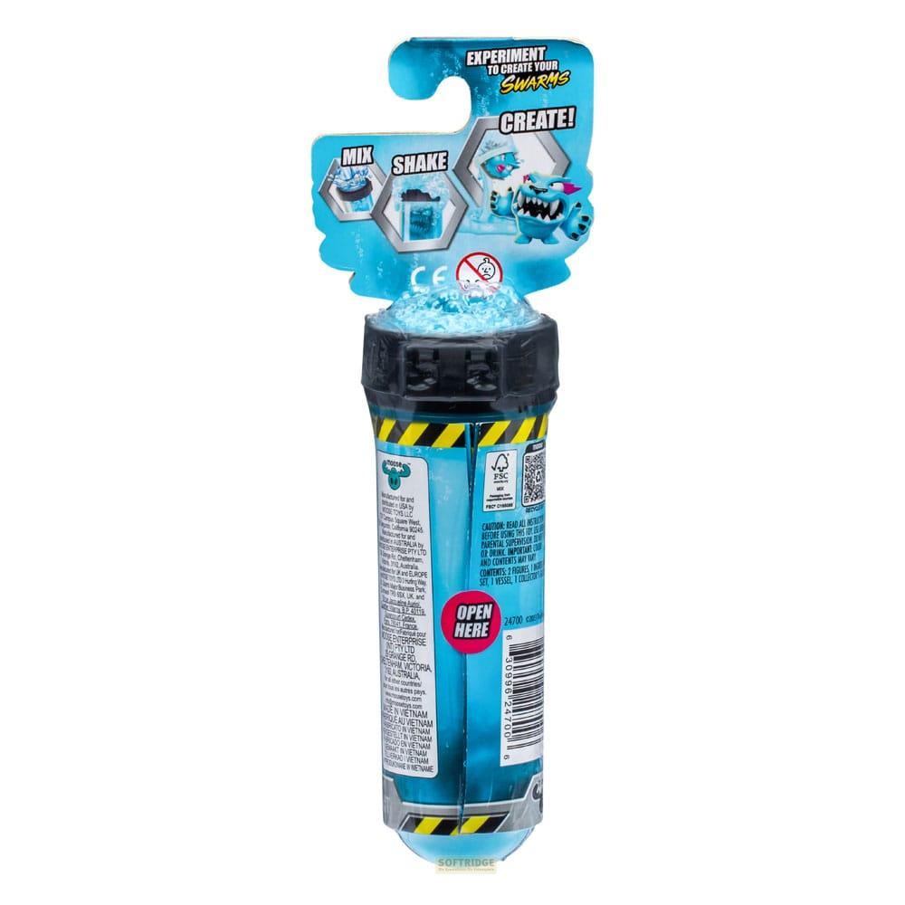 Un giocattolo con contenuto blu e cristallino in un tubo con etichette di avvertenza.