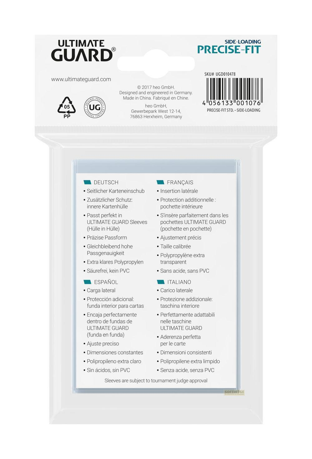 Verpackung für Karten-Schutzhüllen mit mehrsprachigen Produktmerkmalen.