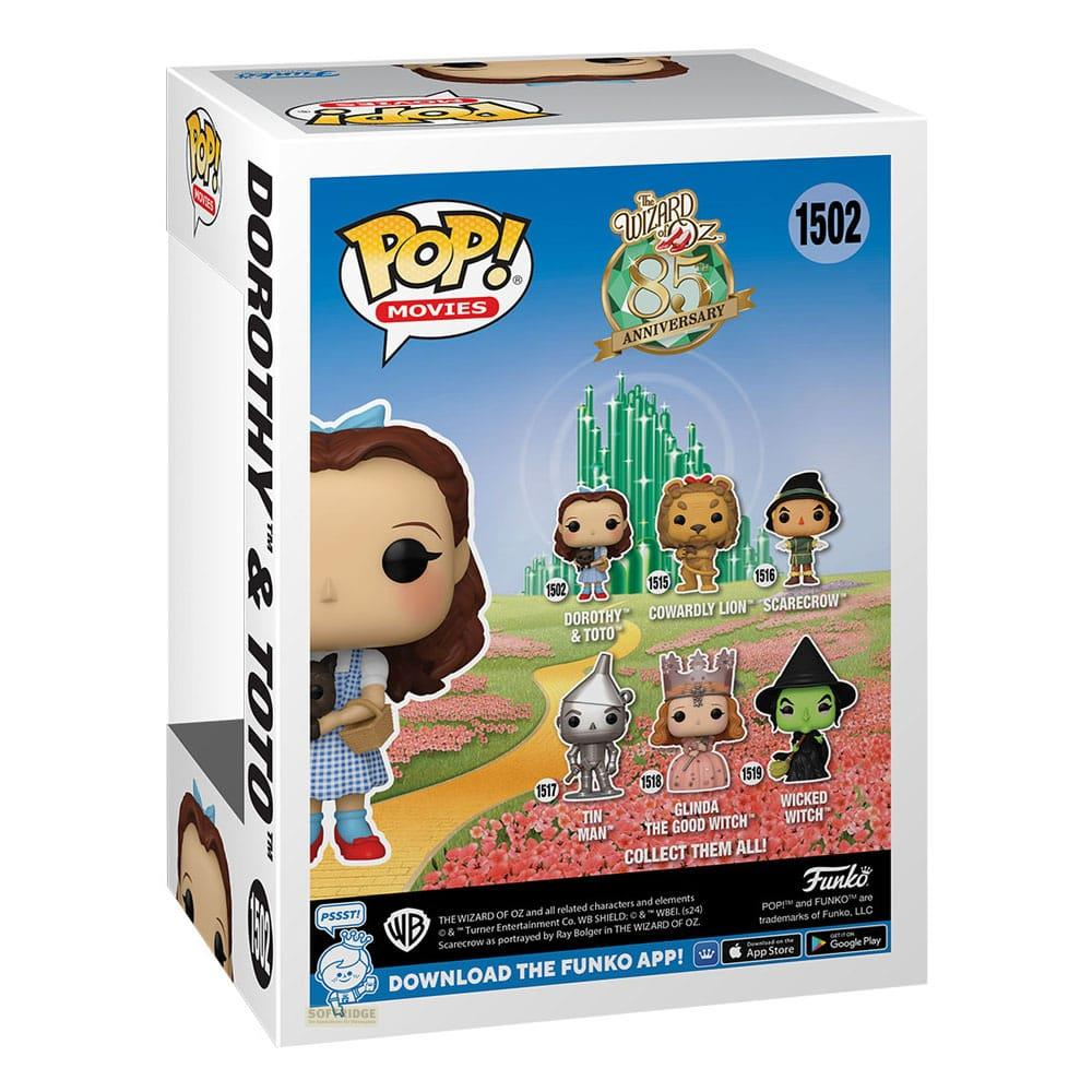 Caja Funko Pop con personajes del Mago de Oz: Dorothy, Toto, León, Espantapájaros, Hombre de Hojalata, Glinda, Bruja Maligna.