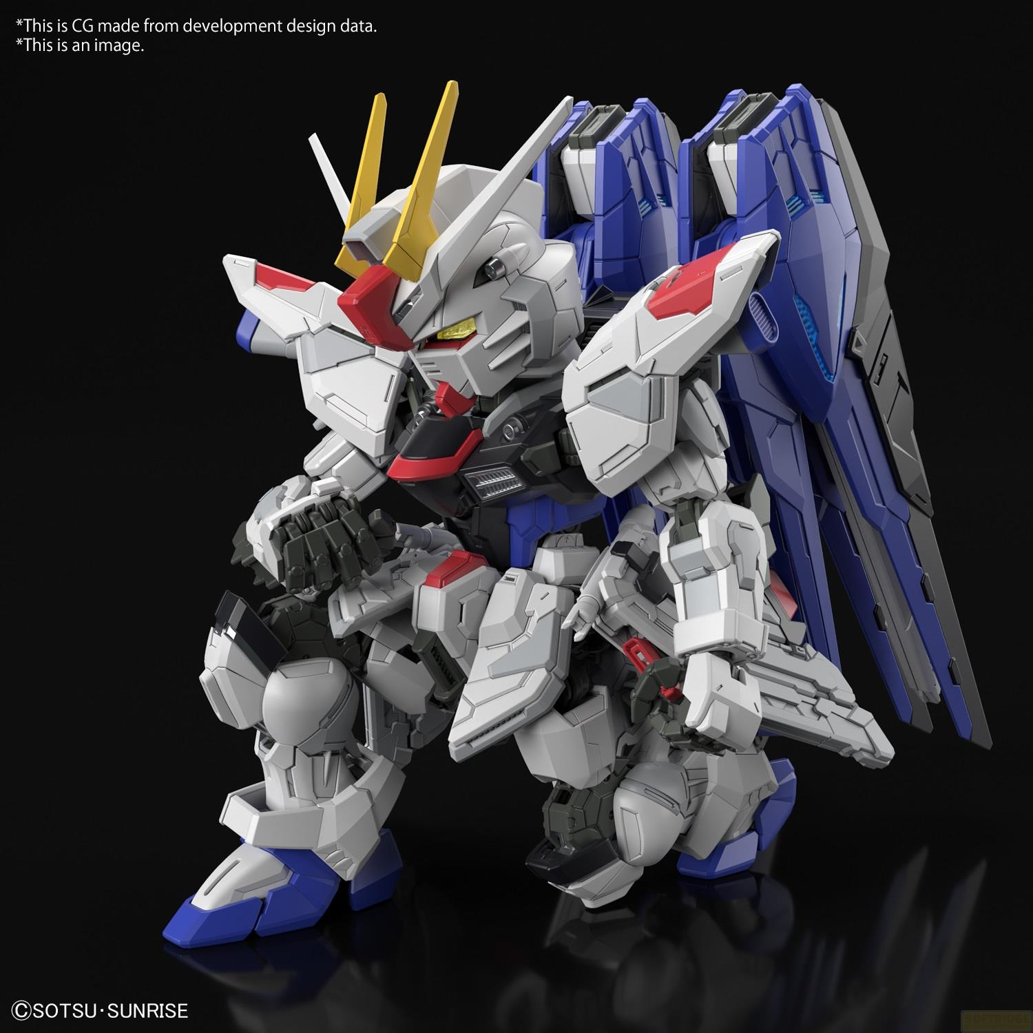 Un robot Gundam bianco, blu e rosso si inginocchia su sfondo nero.