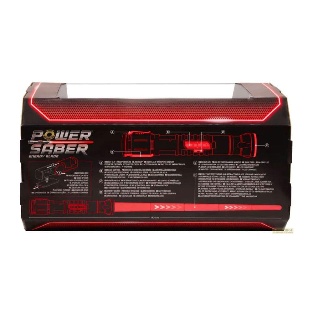 Scatola di un giocattolo "Power Saber Energy Blade", con diagrammi e testo in più lingue.