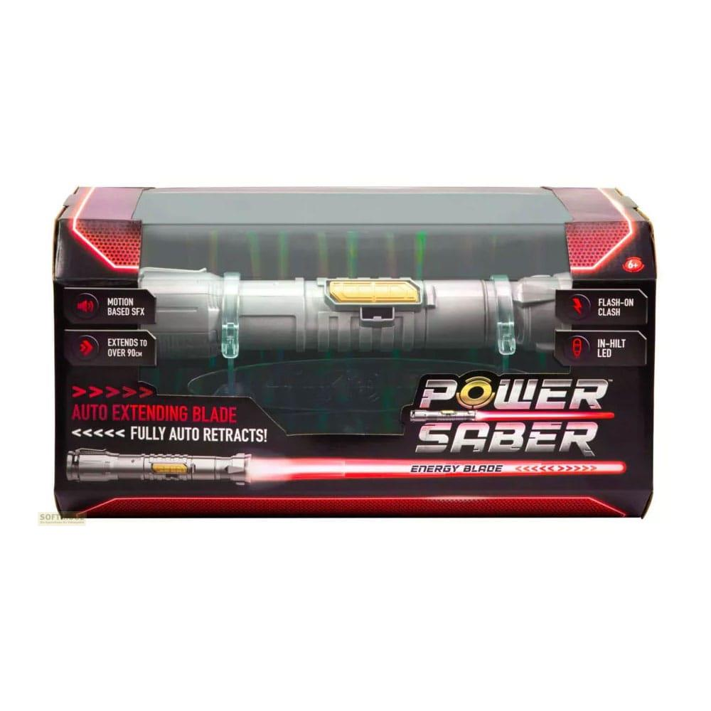 Giocattolo Power Saber in confezione con lama energetica rossa estesa e caratteristiche.