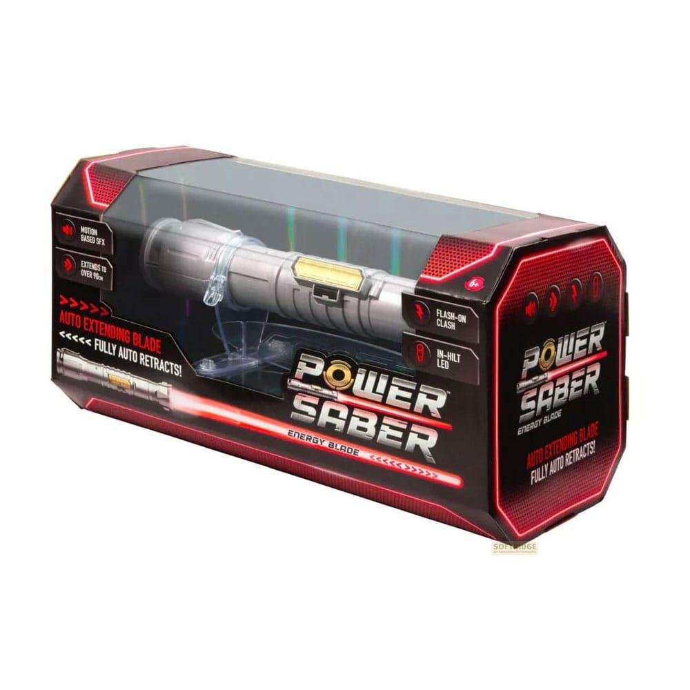 Giocattolo Power Saber in confezione con design rosso e nero. Presenta un'elsa argentata e una lama rossa.