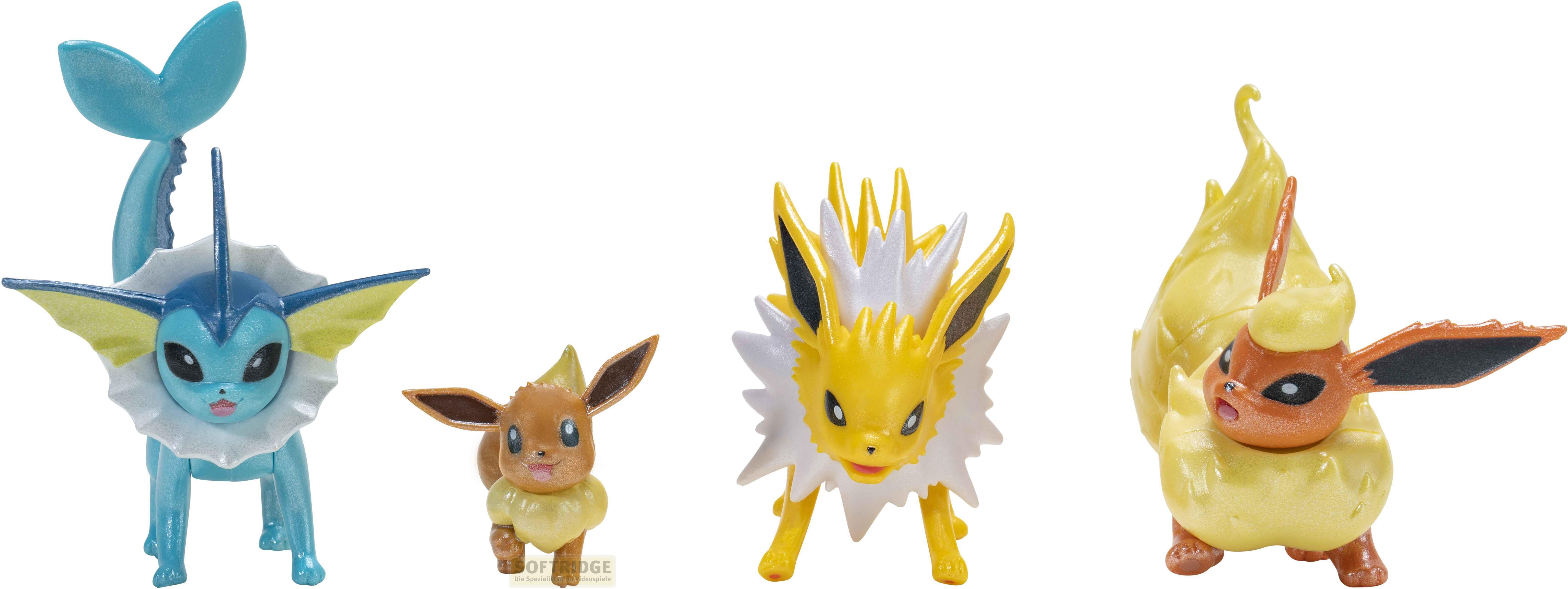 Vier Pokémon-Figuren: Vaporeon, Evoli, Jolteon und Flamara auf weißem Hintergrund.
