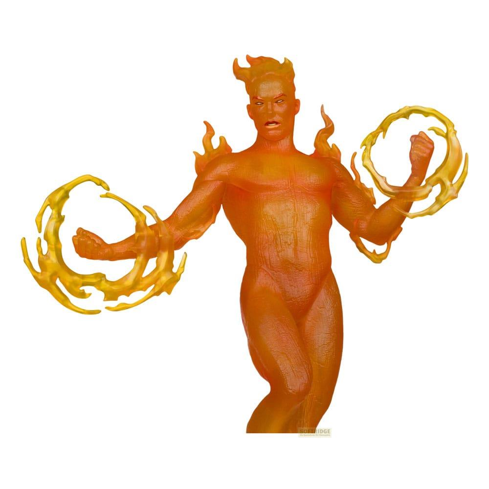Una figura della Torcia Umana, in materiale arancione traslucido, con fiamme su testa e mani.