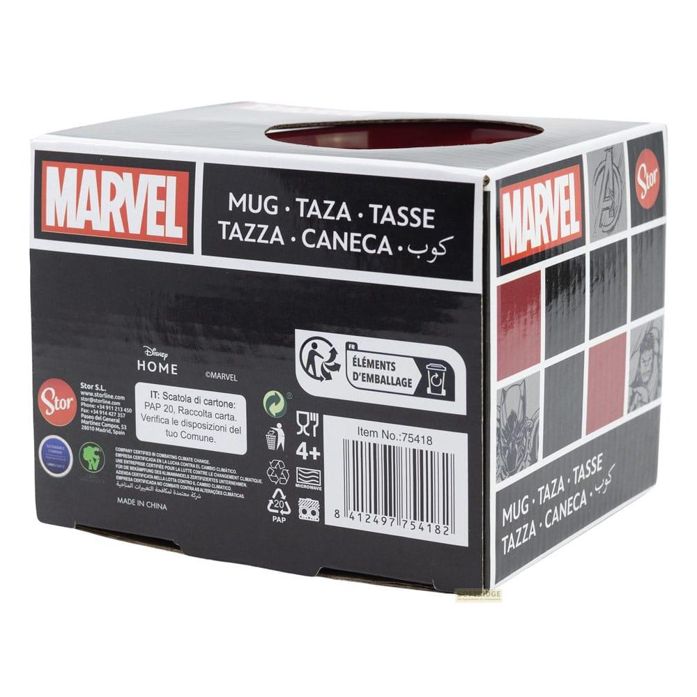 Caja de marca Marvel con imágenes de personajes de Avengers y texto que indica taza.