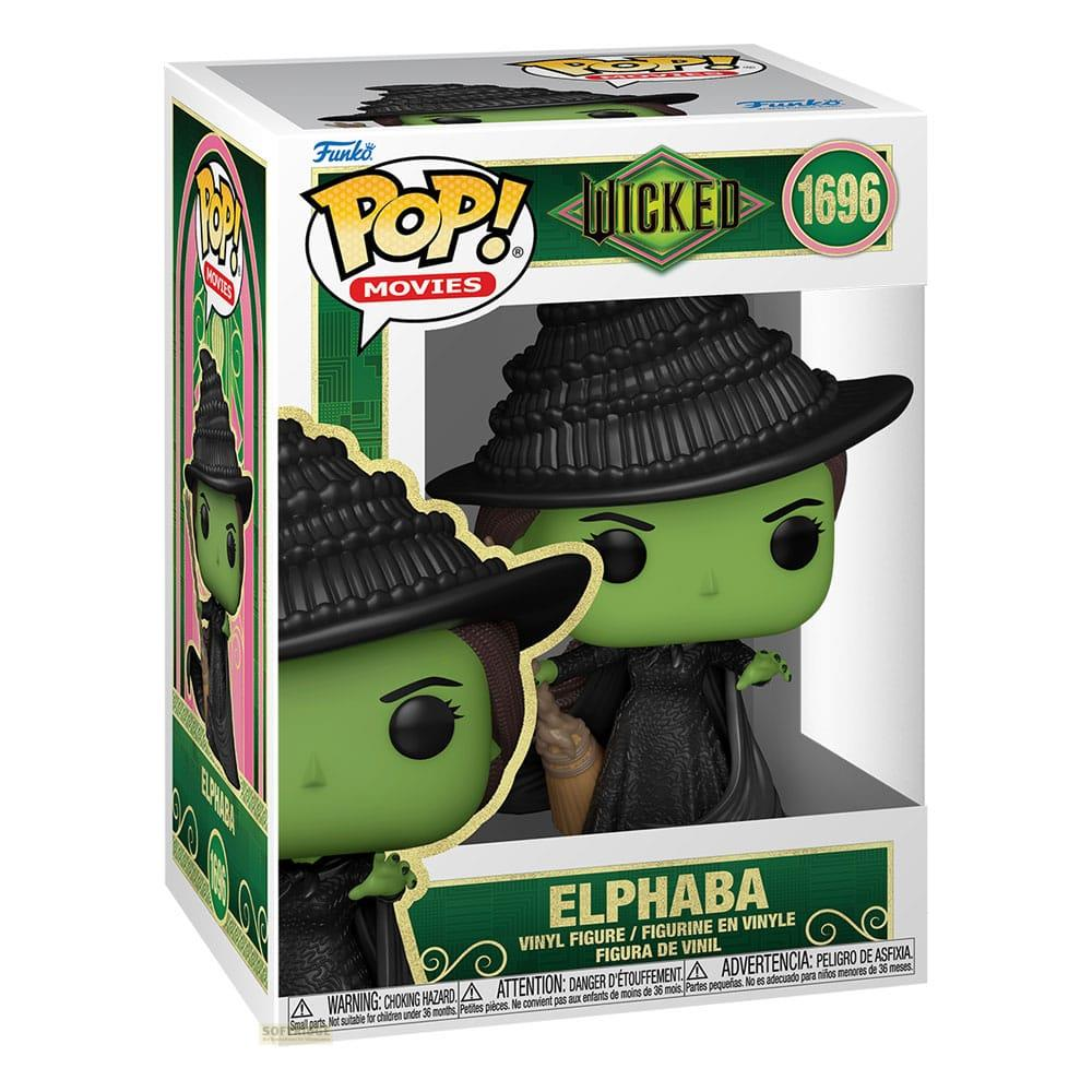 Figurka Funko Pop Elphaba z Wicked w pudełku. Zielona skóra, czarny kapelusz i miotła.