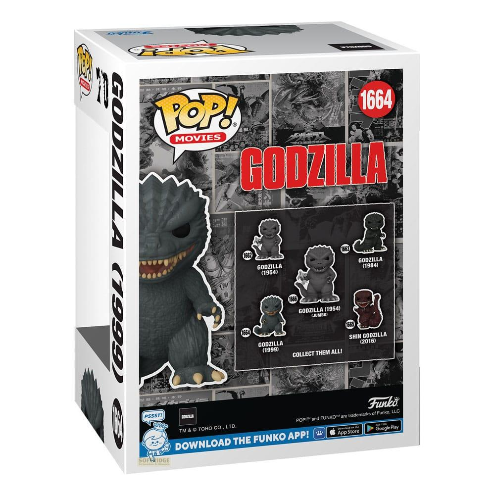 Godzilla (1999) Funko Pop!-Box mit verschiedenen Godzilla-Figuren und App-Hinweisen.