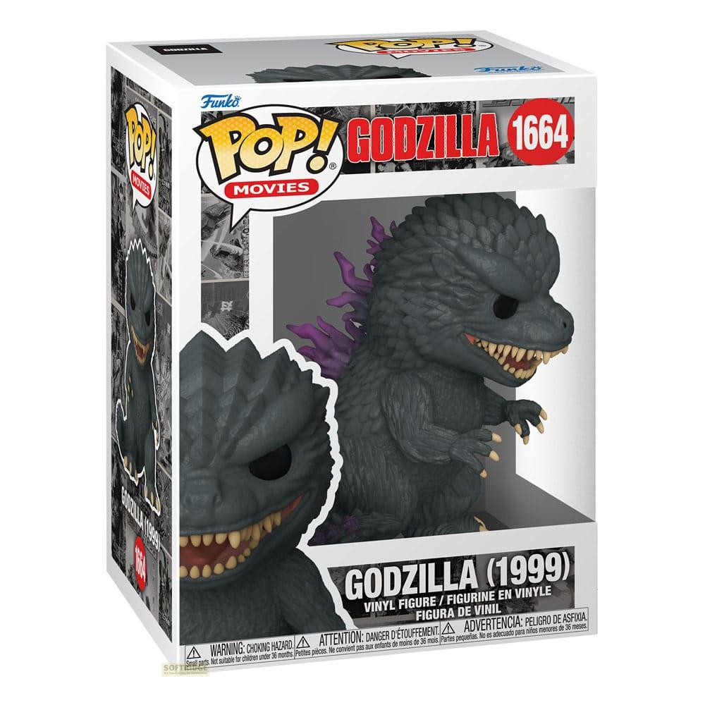 Funko Pop Godzilla (1999) Vinylfigur in Box. Dunkelgrauer Godzilla mit lila Stacheln.