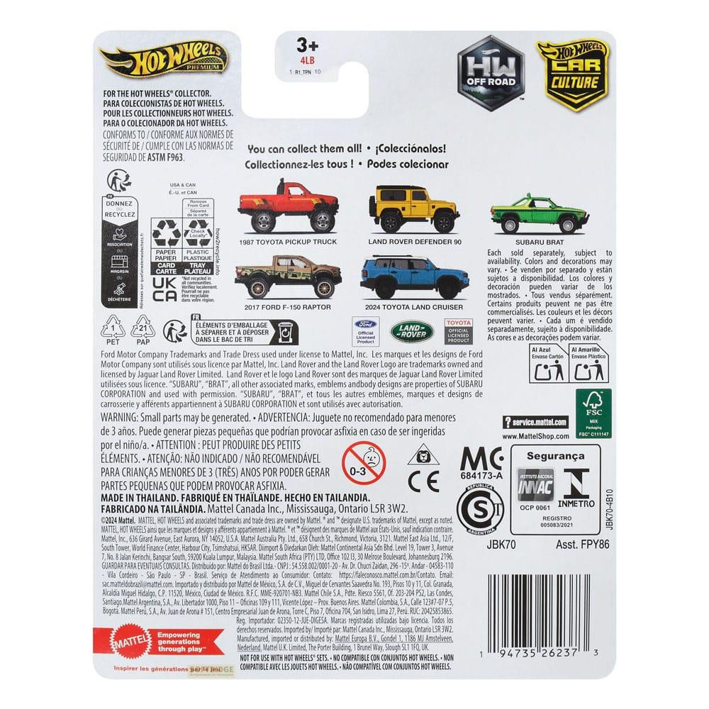 Die Rückseite einer Hot Wheels-Verpackung mit Bildern von fünf Autos, Recycling-Symbolen und Text.