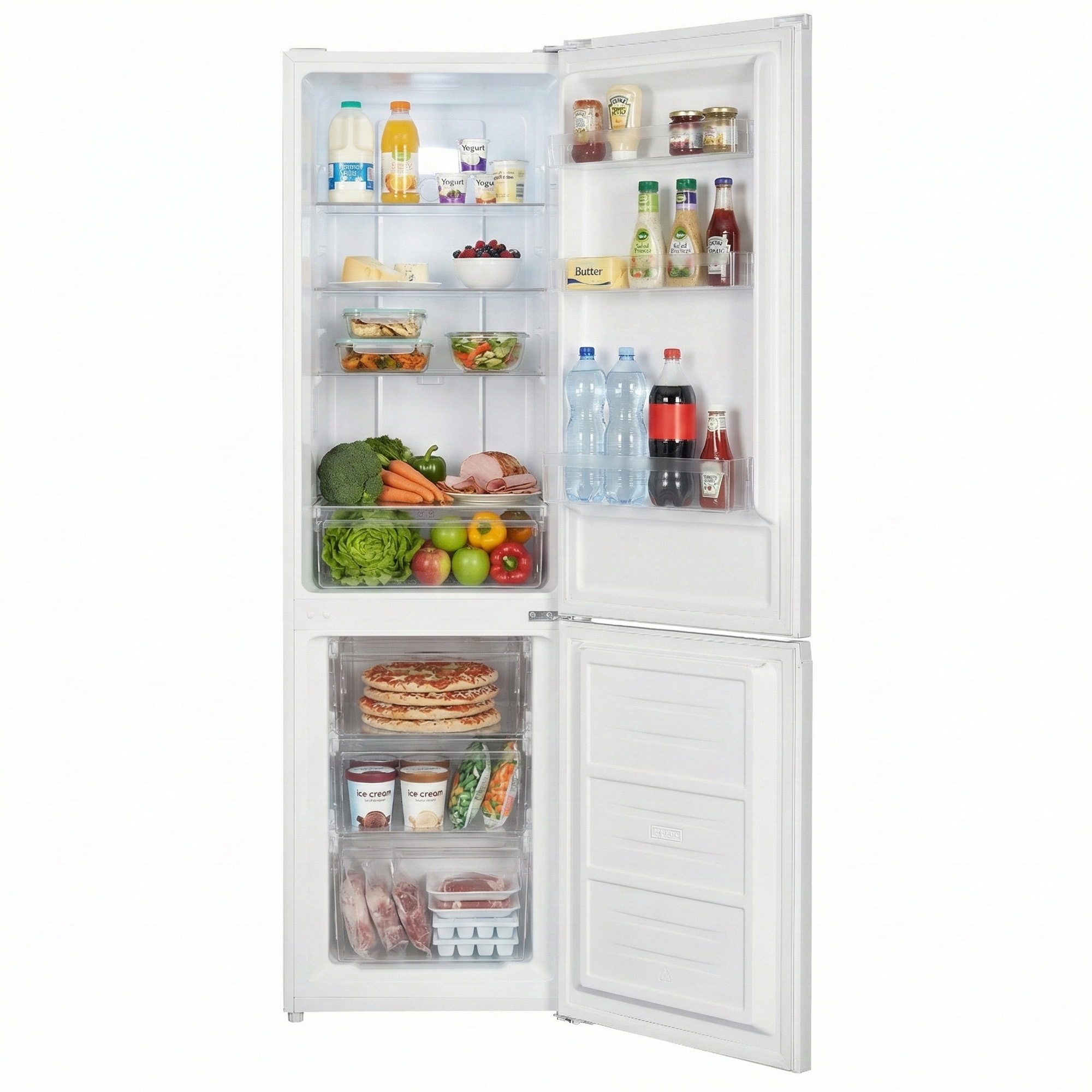 Een open koelkast gevuld met voedsel: melk, sap, fruit, groenten, vlees, pizza en ijs.