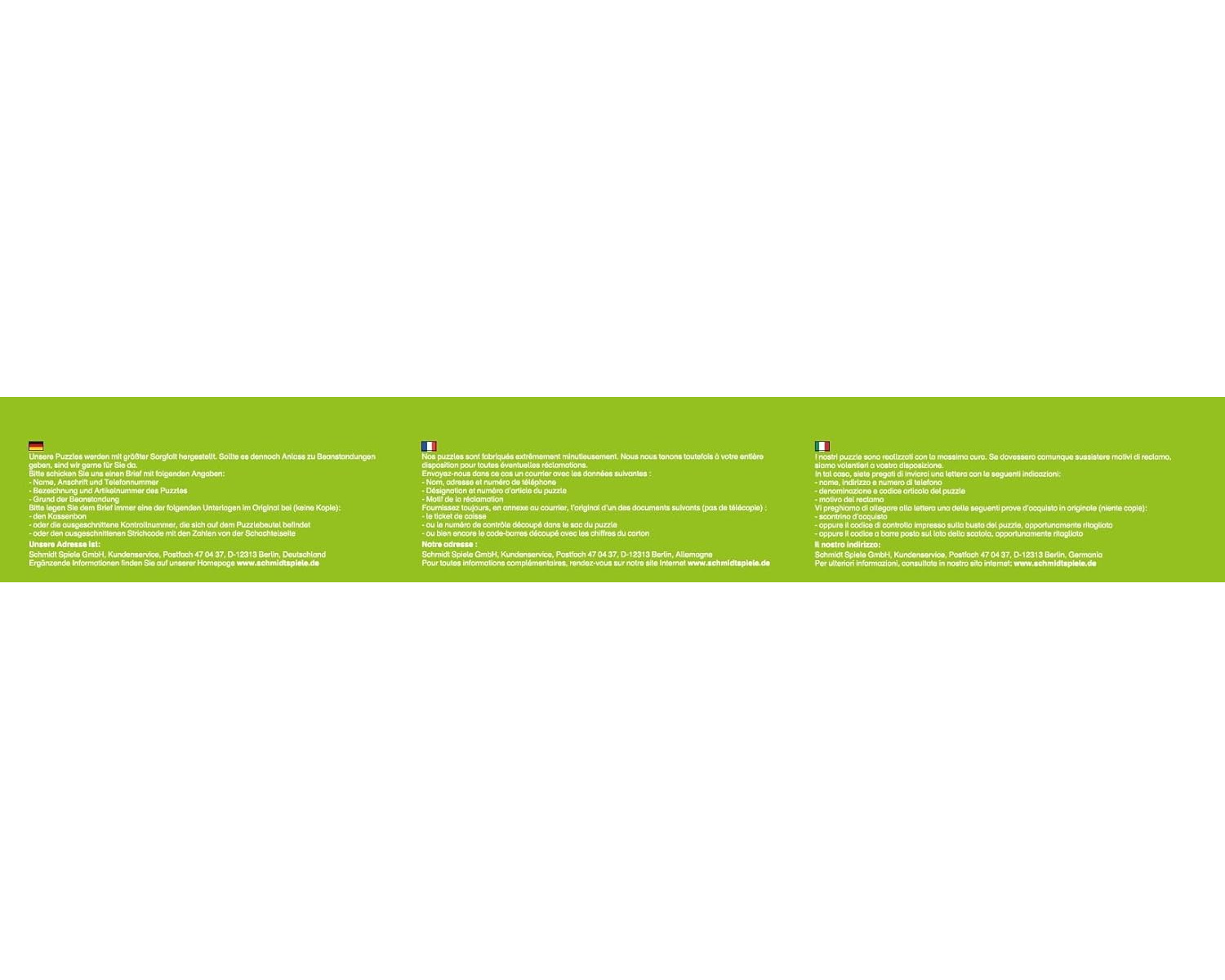 Text zur Reklamation für Puzzles: Name, Artikel, Grund. Belege: Kassenbon, Beutelcode, Barcode.