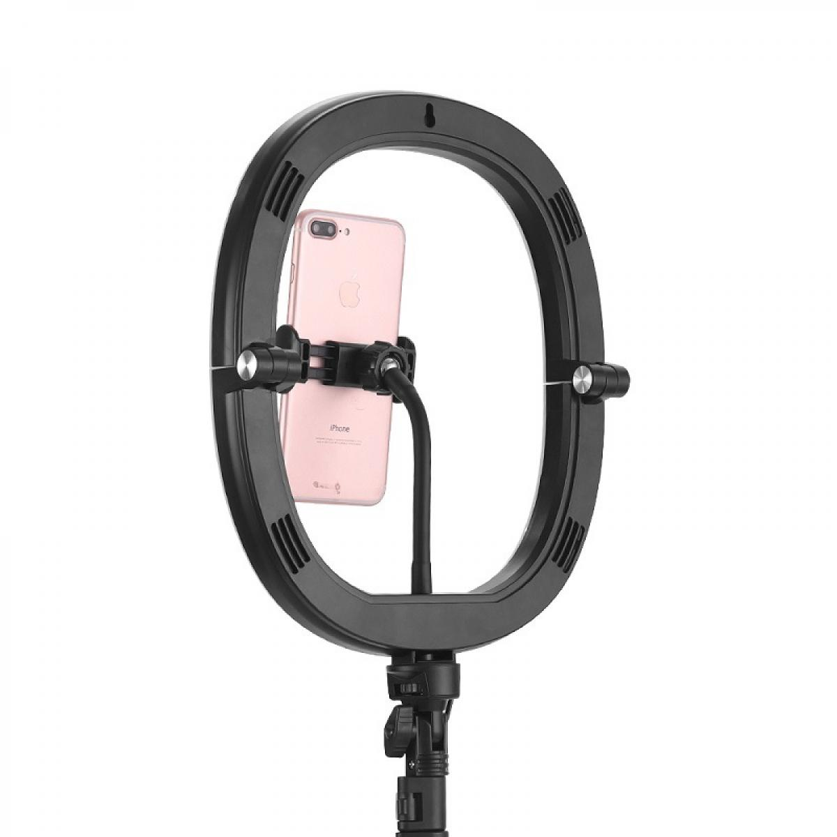 Ein pinkes iPhone ist auf einem schwarzen Ringlicht mit flexiblem Schwanenhals montiert.