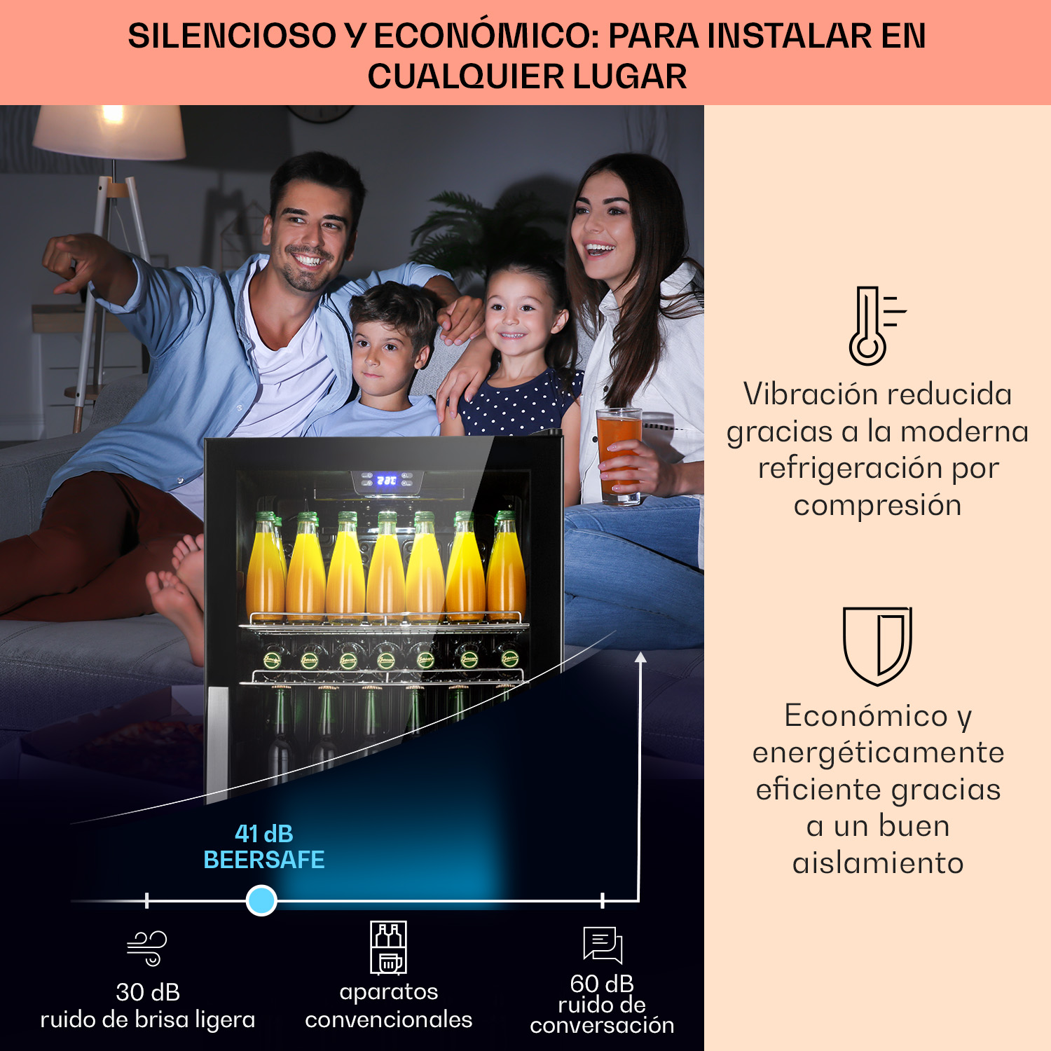 Familia ve TV, junto a una nevera con botellas. Texto sobre niveles de ruido.