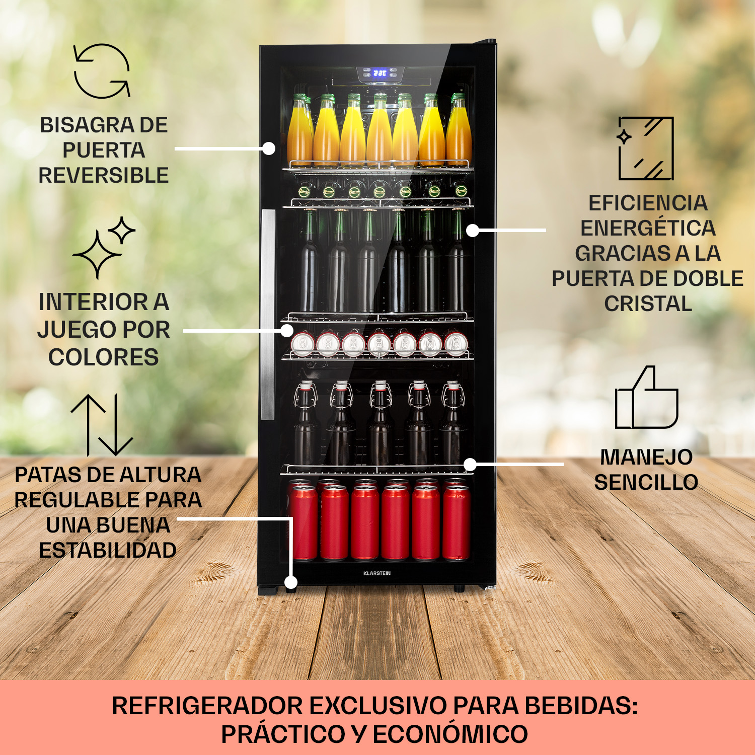 Nevera para bebidas con puerta de cristal, llena de botellas y latas.