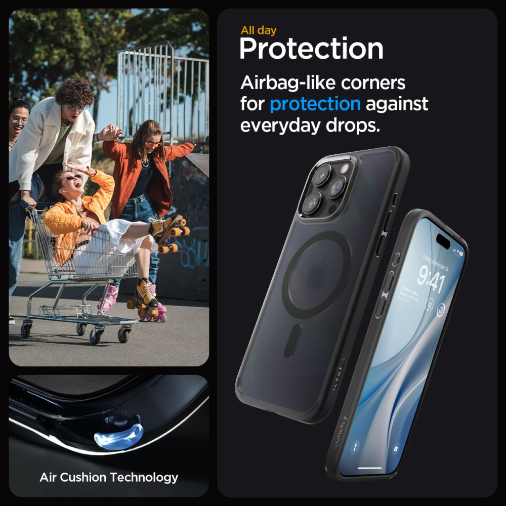 Jonge mensen op rolschaatsen in een winkelwagentje en een telefoonhoesje met telefoon.