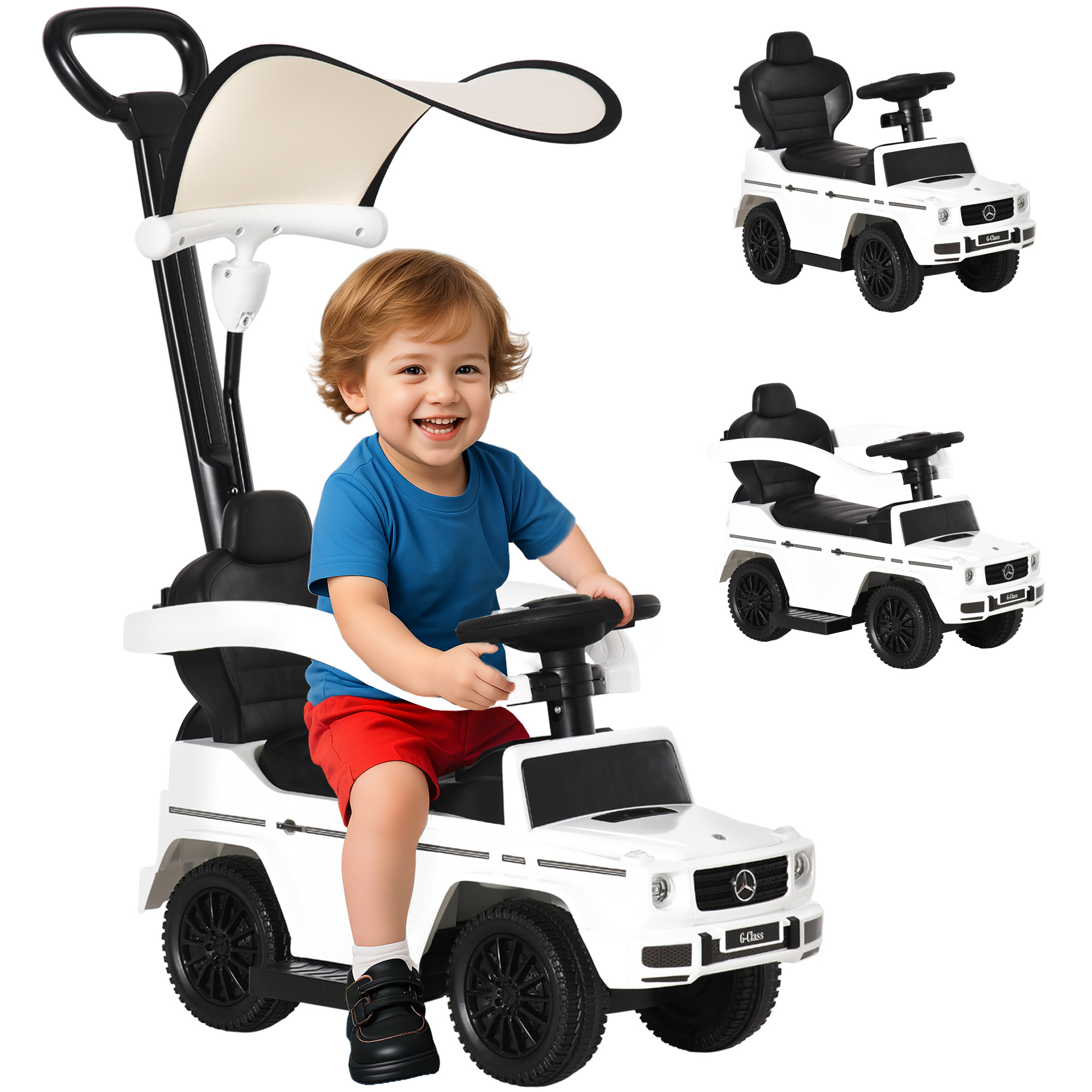 Un bambino sorridente in maglietta blu e pantaloncini rossi siede in un G-Wagon giocattolo bianco.