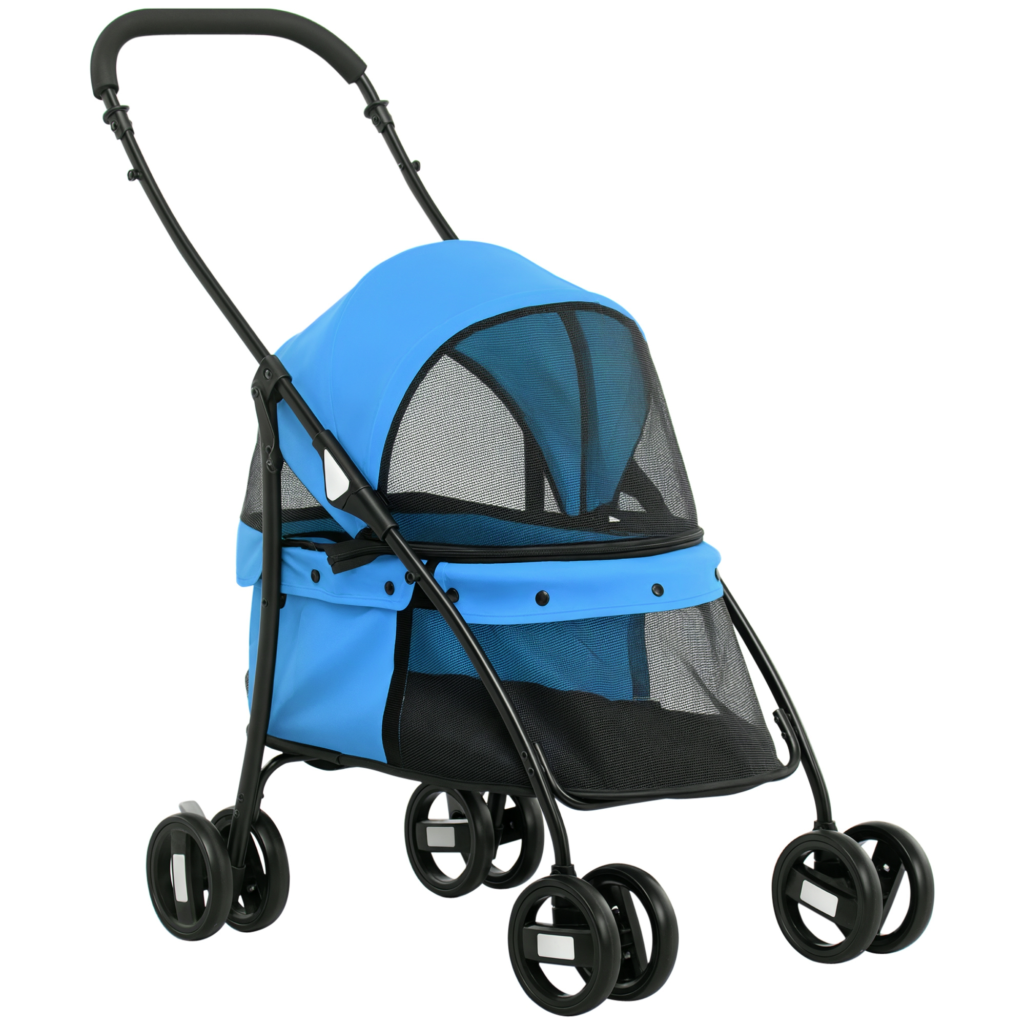 Un passeggino blu per animali domestici con finestre in rete e ruote nere.