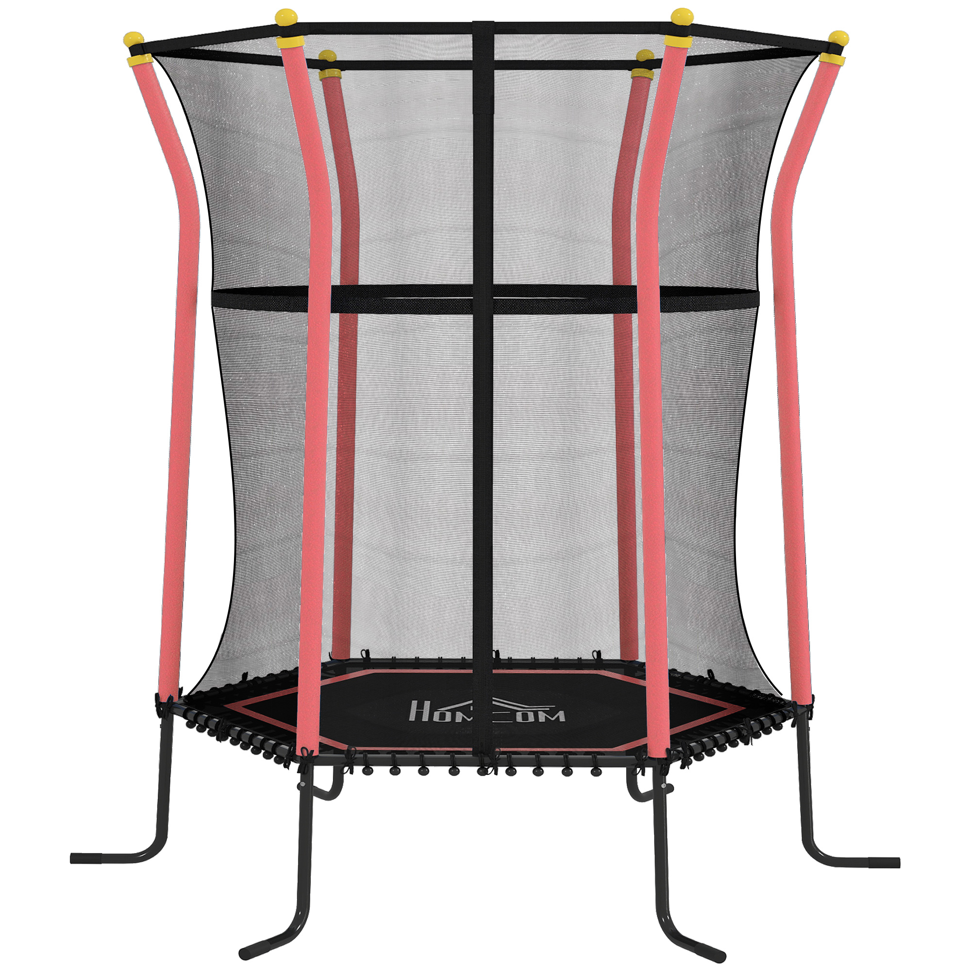 Un trampolino nero con pali imbottiti rosa e rete di sicurezza, su sfondo bianco.