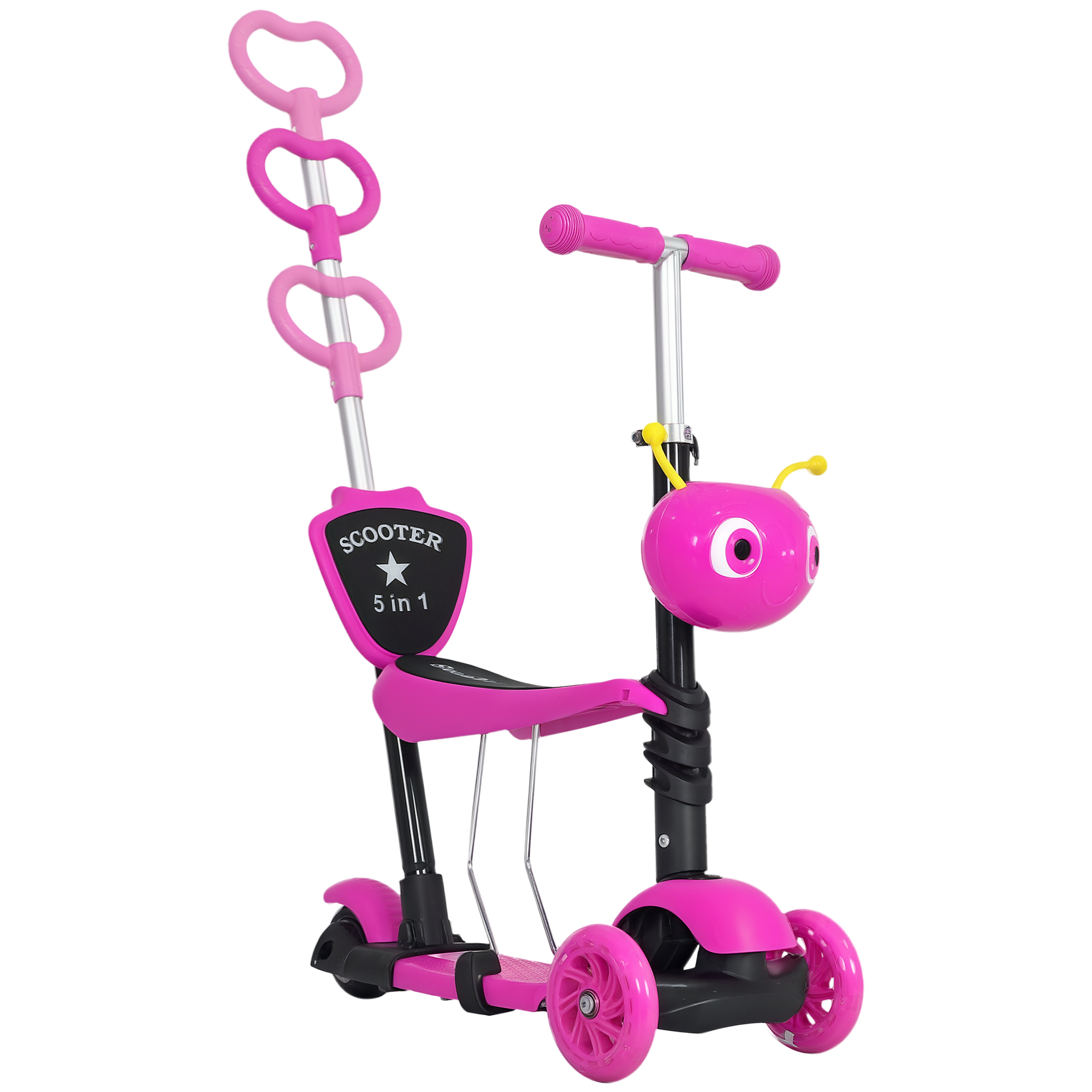Un monopattino rosa 5 in 1 con sedile e una simpatica decorazione a forma di coccinella.