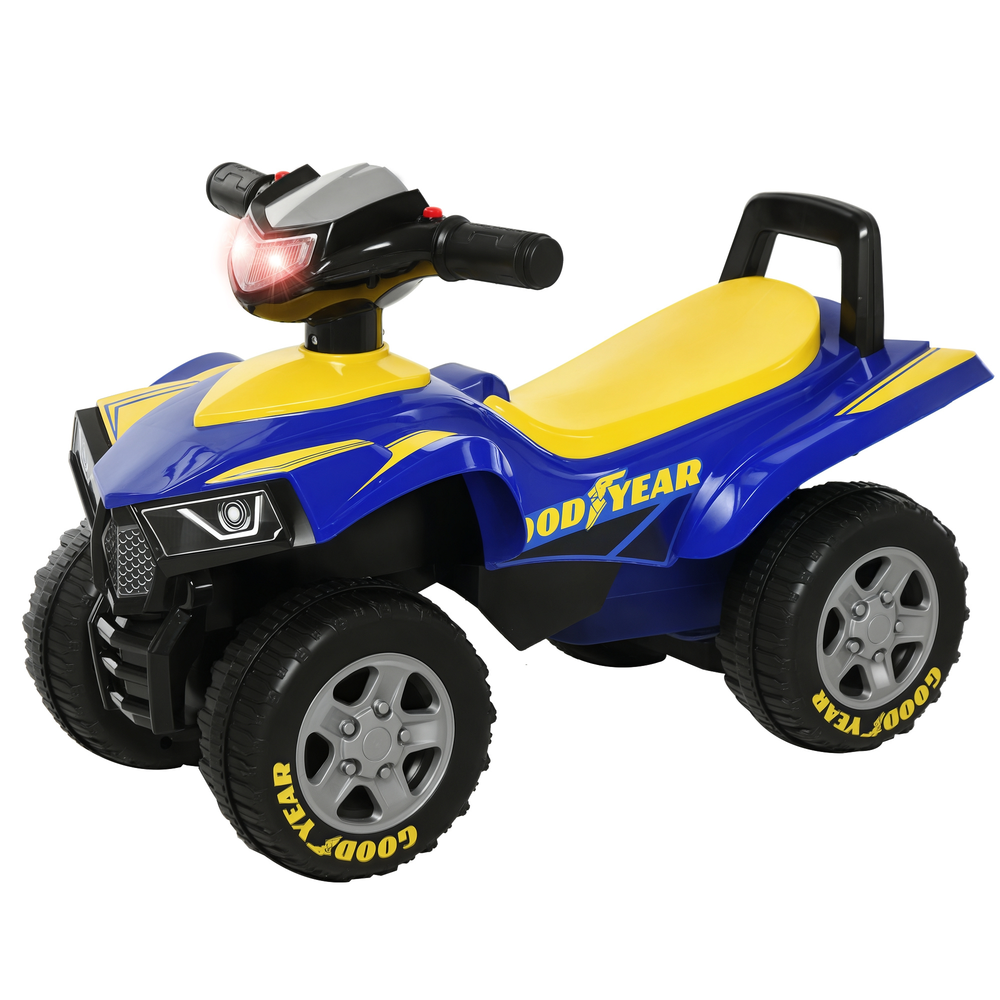 Quad giocattolo blu e giallo con marchio Goodyear. I fari sono accesi.