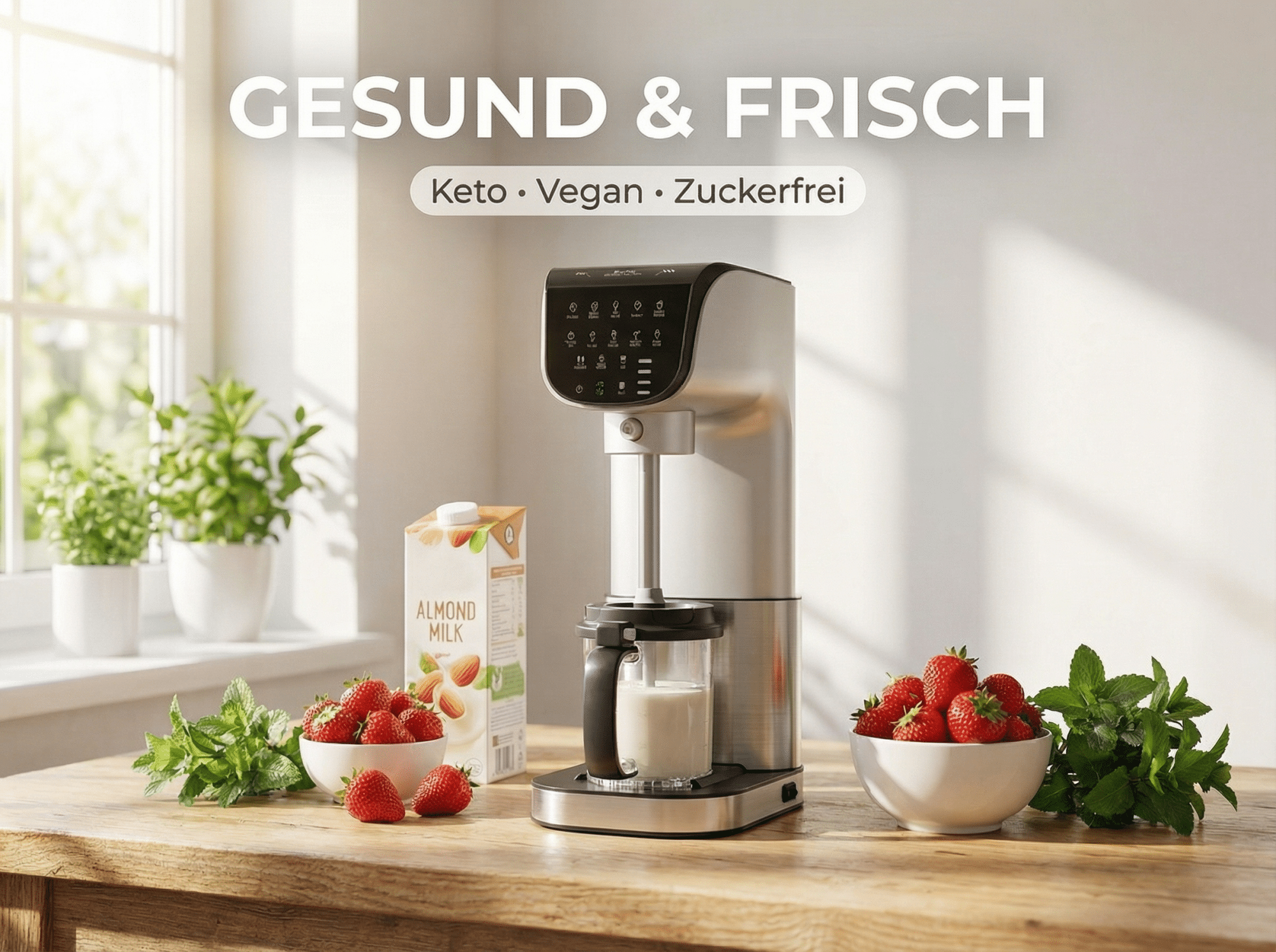 Silberner Mixer mit Beeren, Minze und Mandelmilch auf Holztisch.