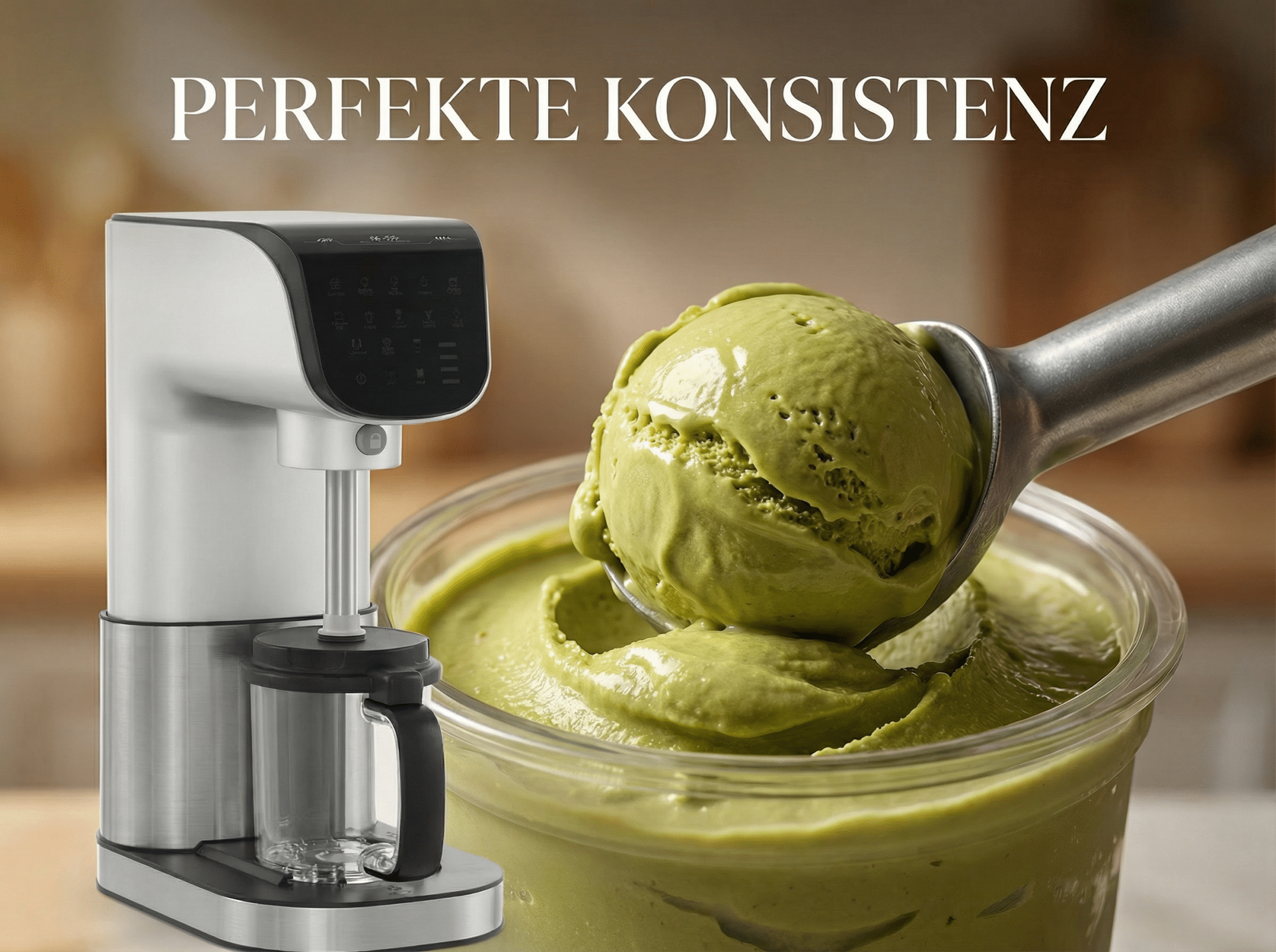Eine silberne Eismaschine mit einer Kugel grünem Eis, die serviert wird.