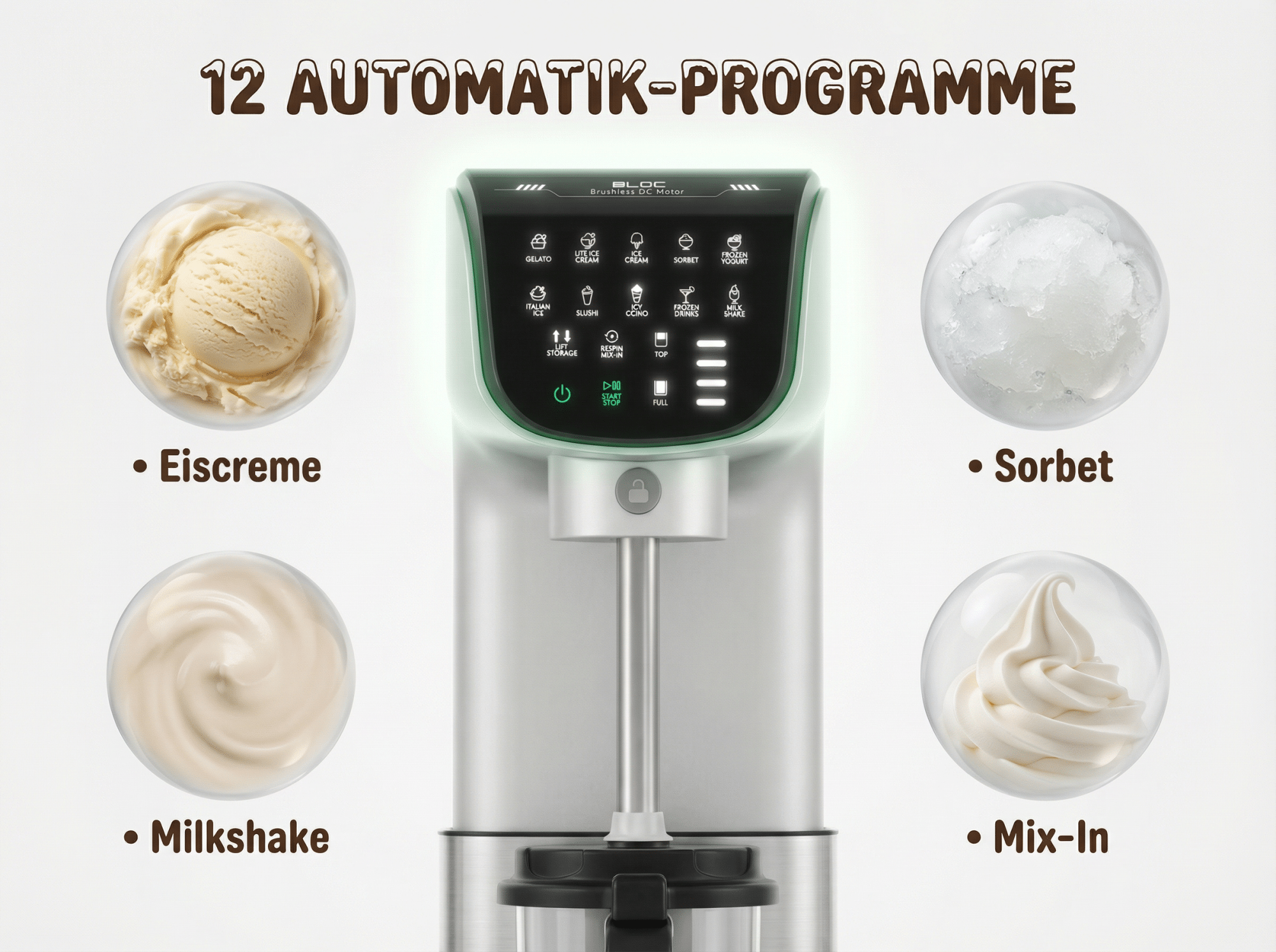 Eismaschine mit 12 Programmen. Zeigt Eiscreme, Sorbet, Milchshake und Mix-In.