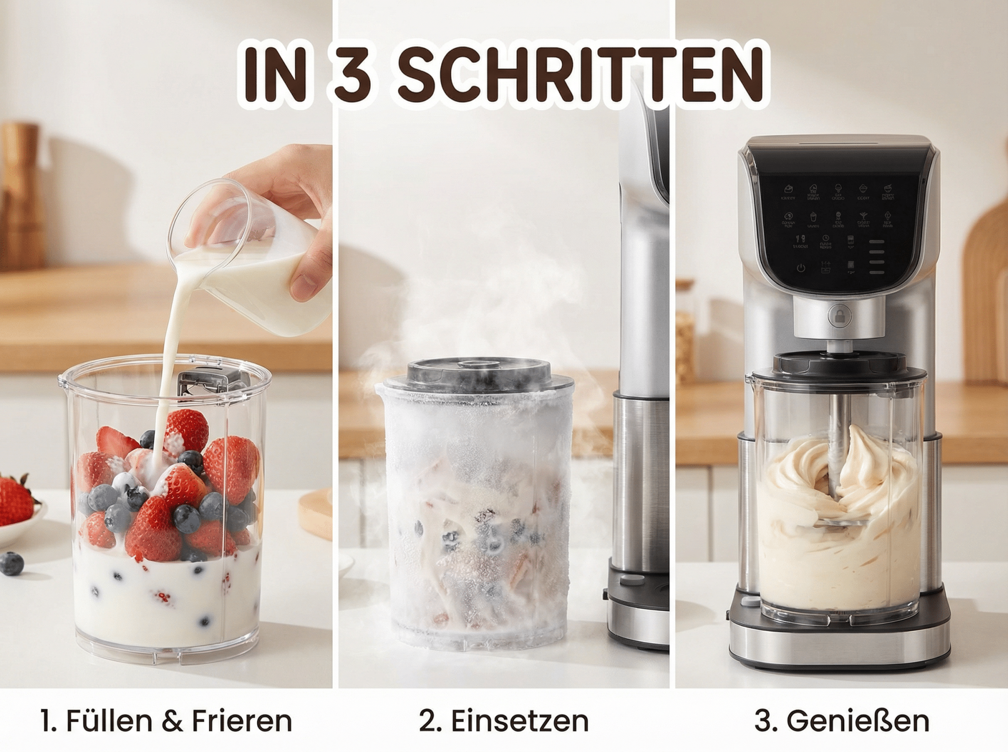 Schritt-für-Schritt-Anleitung für eine Eismaschine: Früchte mixen, gefrieren, genießen.