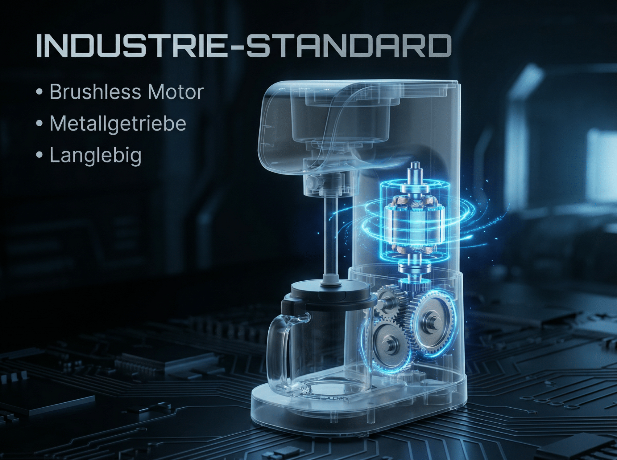 Transparente Kaffeemaschine mit sichtbarem Motor und Zahnrädern auf Leiterplattenhintergrund.