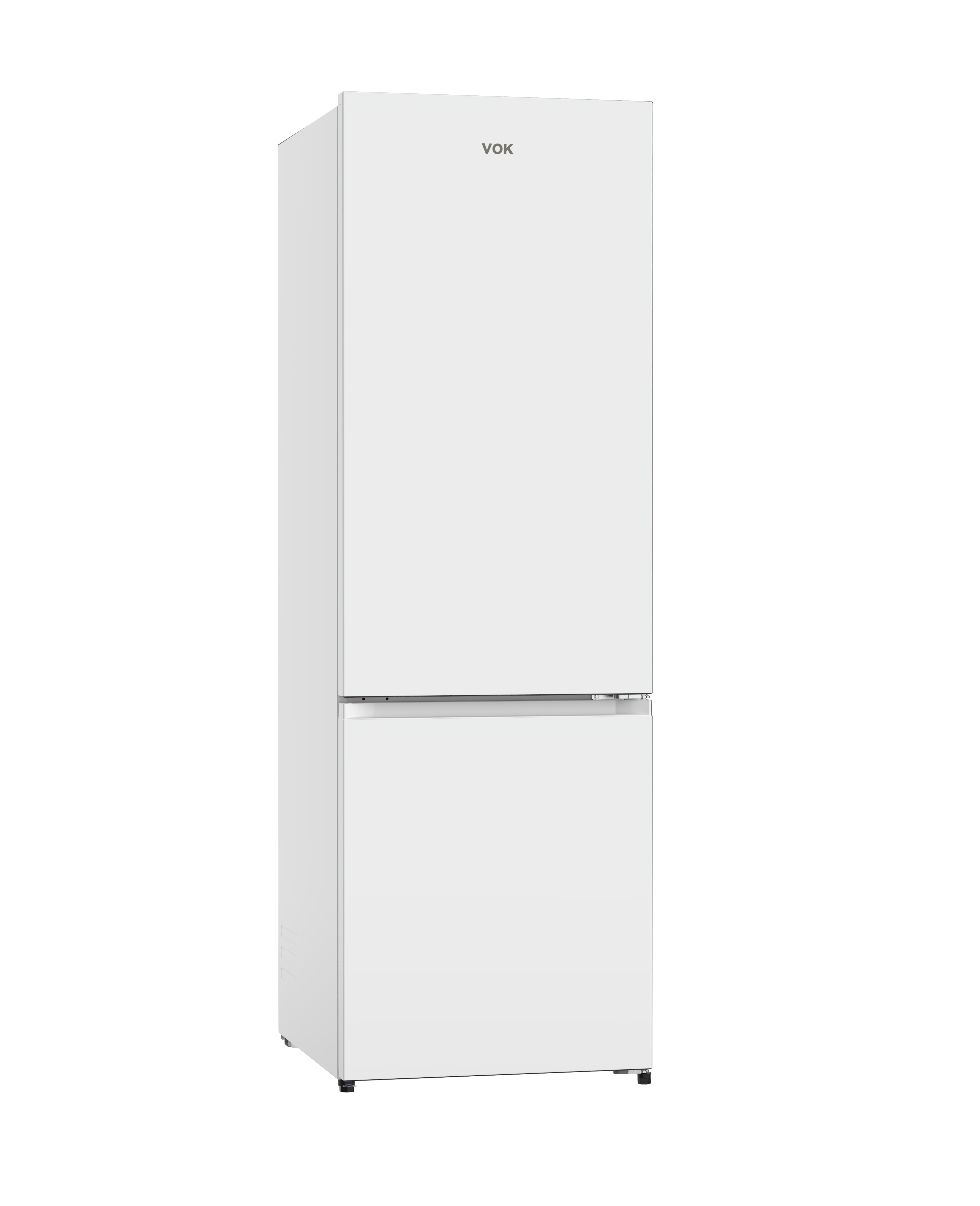 Un refrigerador blanco de dos puertas con el logo de VOK arriba.