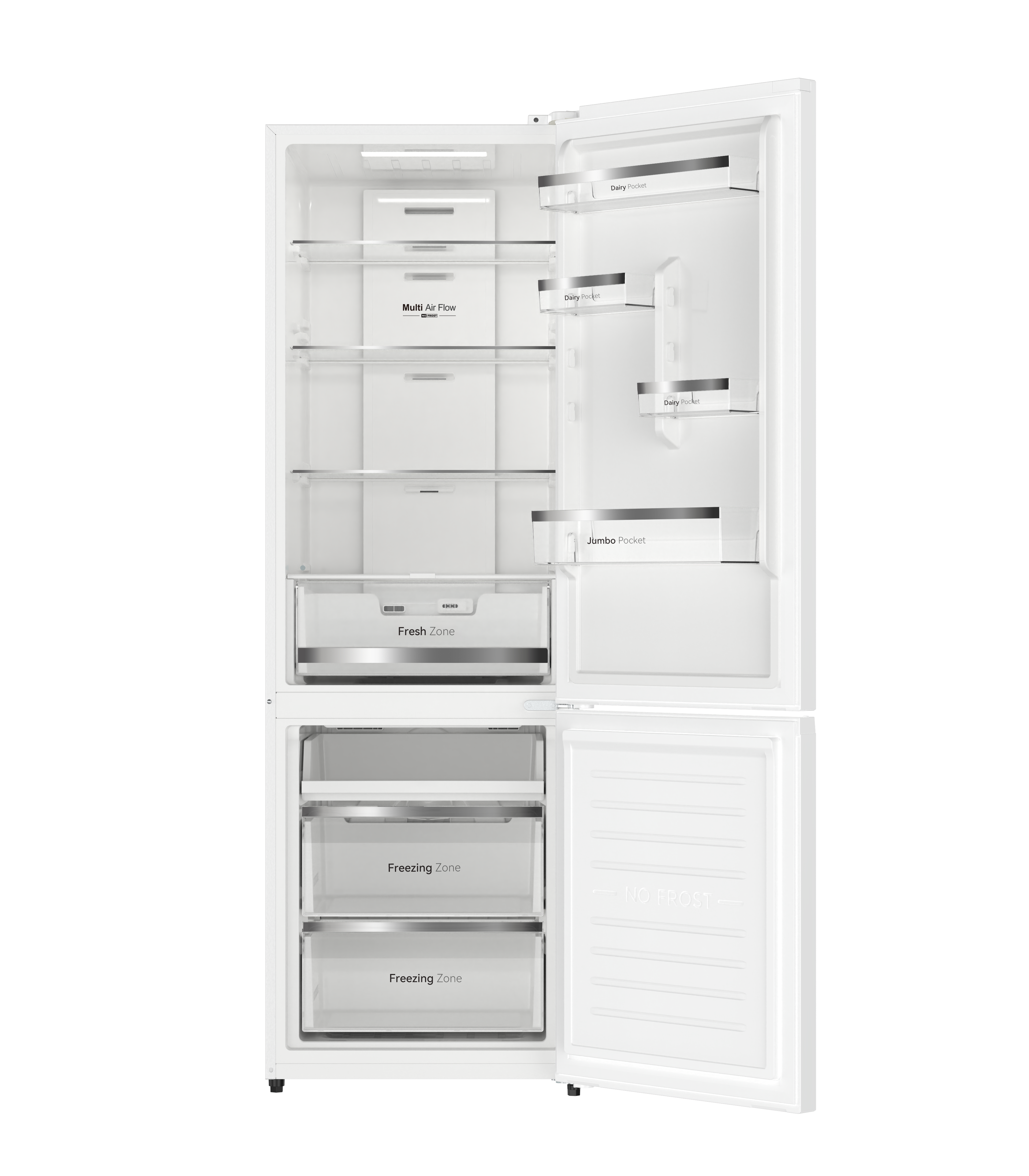 Refrigerador blanco abierto con múltiples estantes, cajones y compartimentos en la puerta.