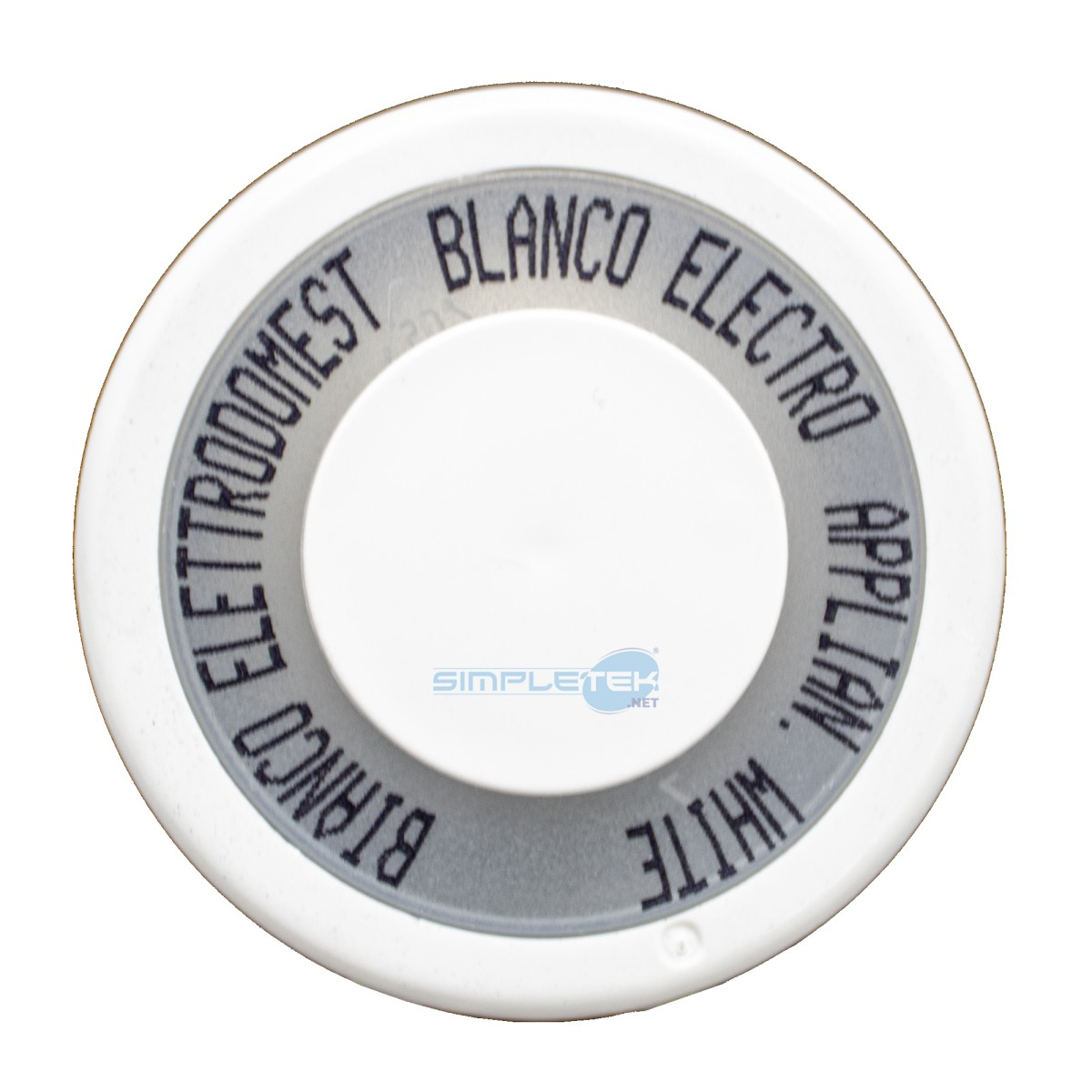 Etichetta circolare bianca con testo 'ELETTRODOMEST BLANCO ELECTRO APPLIAN. WHITE BLANCO'.