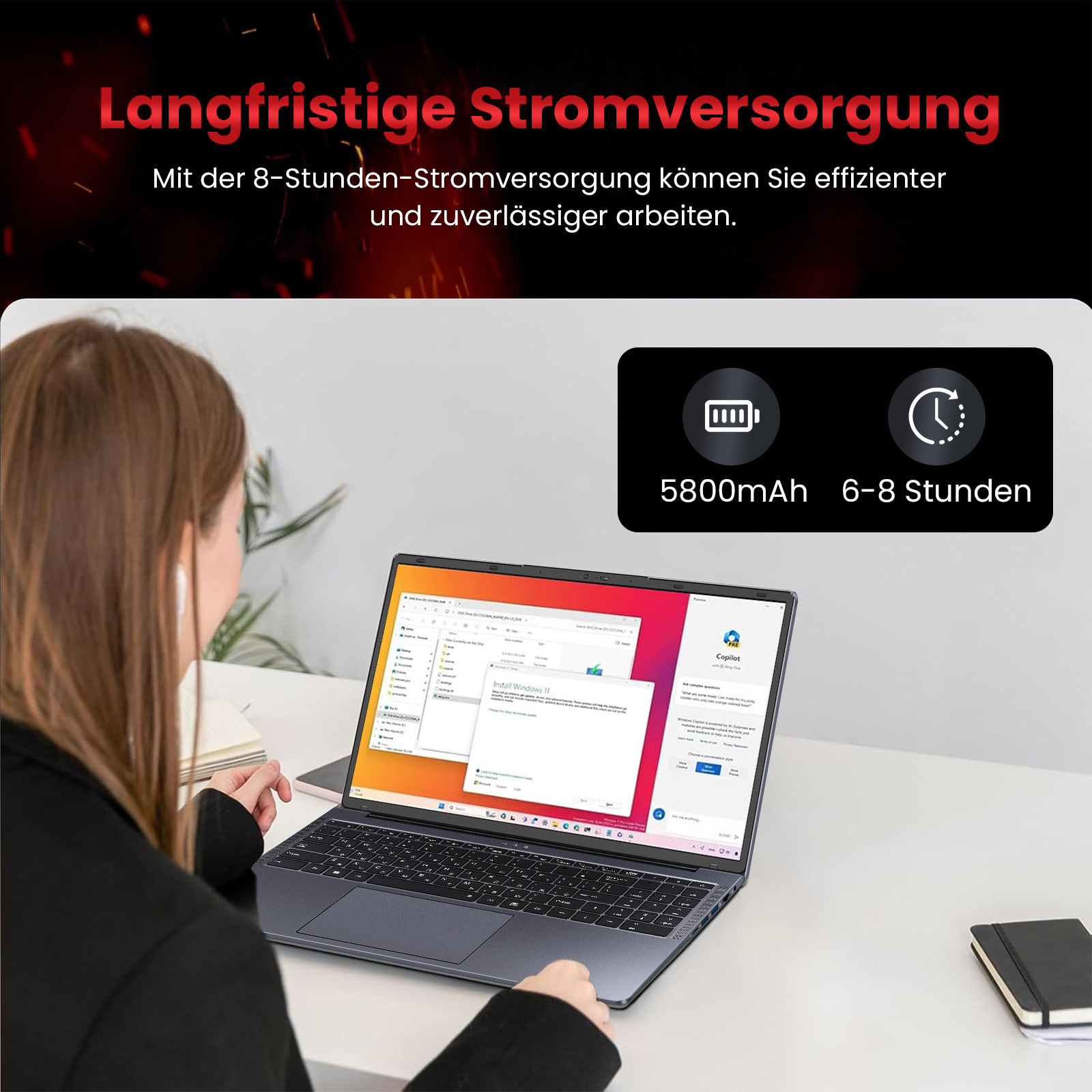 Person benutzt Laptop mit Windows 11 Installationsbildschirm. Akkusymbol zeigt 5800mAh, 6-8 Stunden.