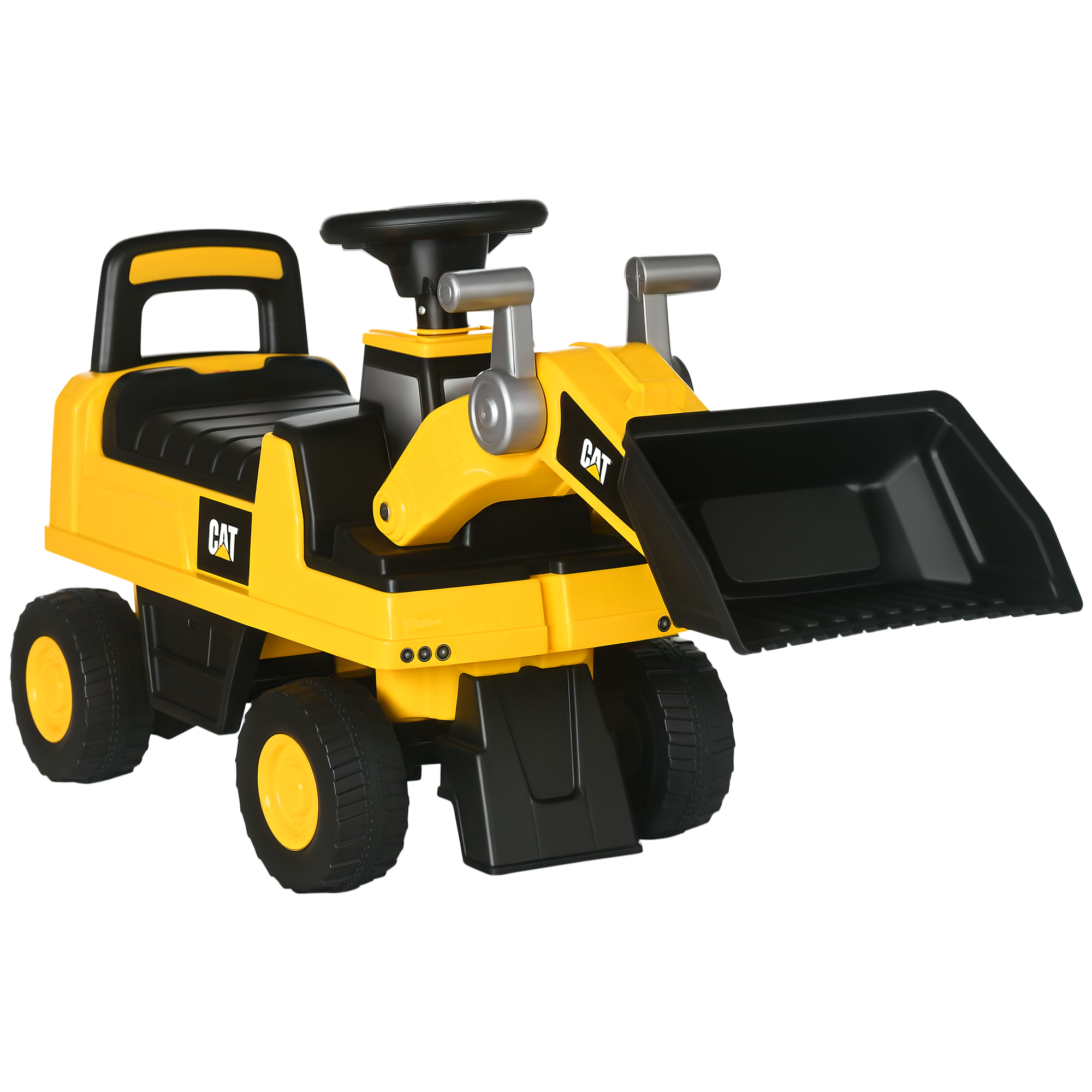 Escavatore giocattolo CAT giallo con benna nera, volante e sedile.
