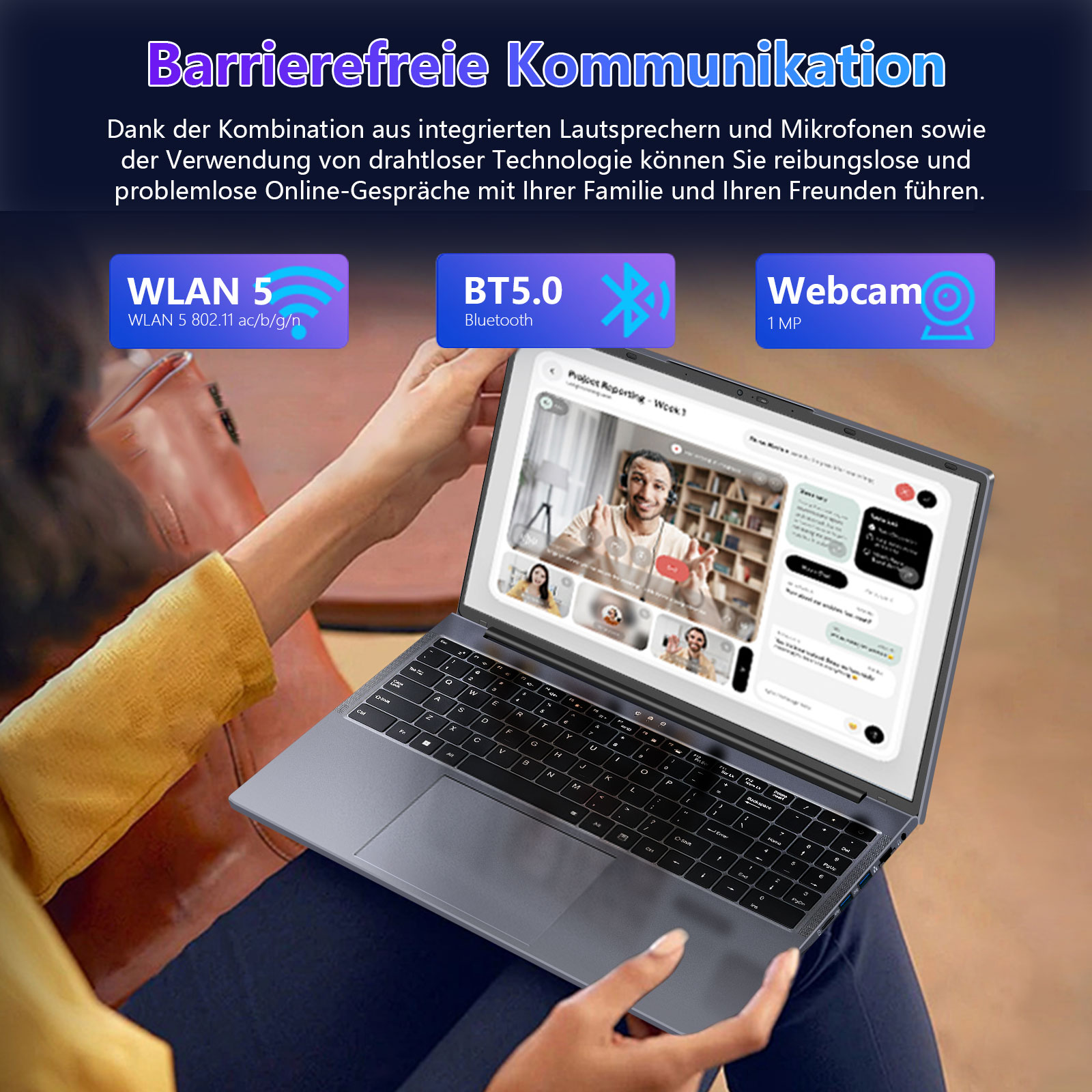 Laptop zeigt Videoanruf mit 3 Teilnehmern. Symbole zeigen WLAN, Bluetooth, Webcam.