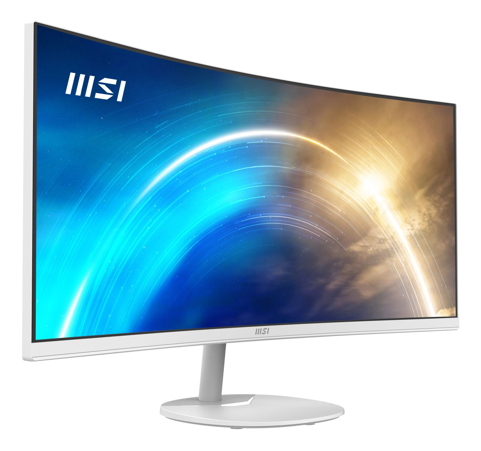 Een witte MSI gebogen monitor toont een levendige blauwe en gele abstracte achtergrond met lichtstrepen.
