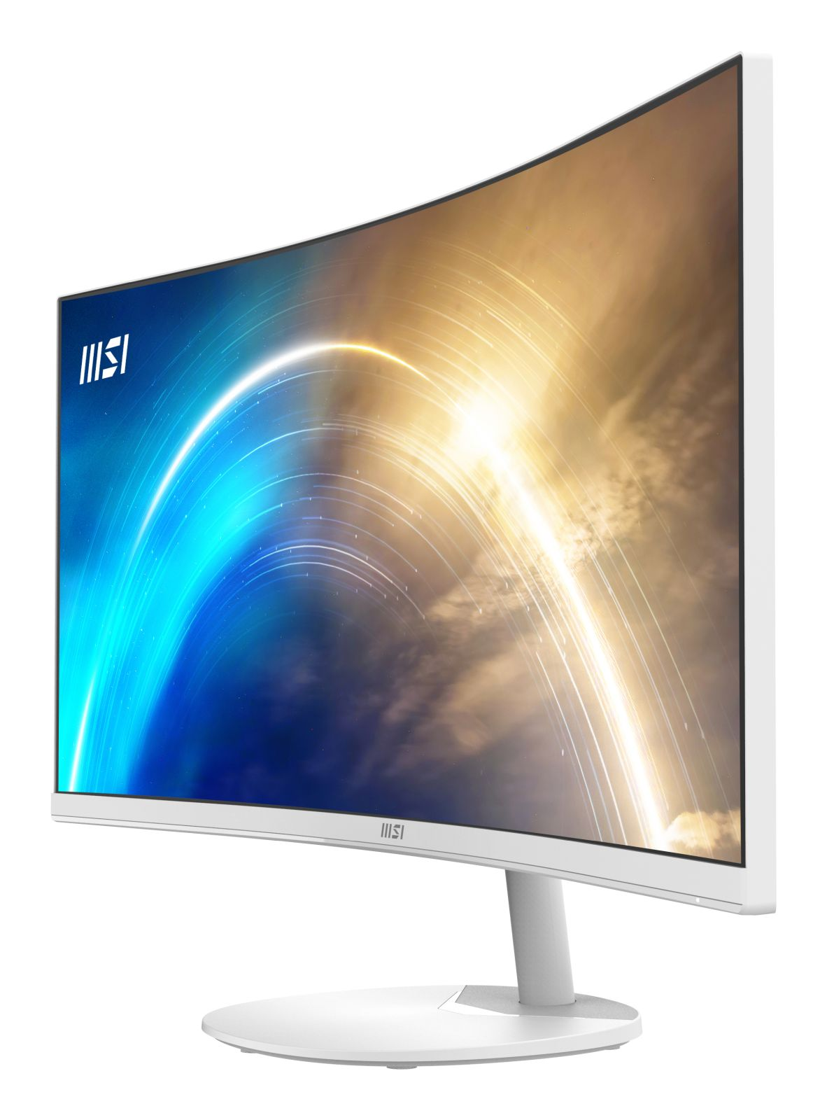 Een witte MSI gebogen monitor toont een levendige blauw-gele abstracte grafiek met lichtstrepen.