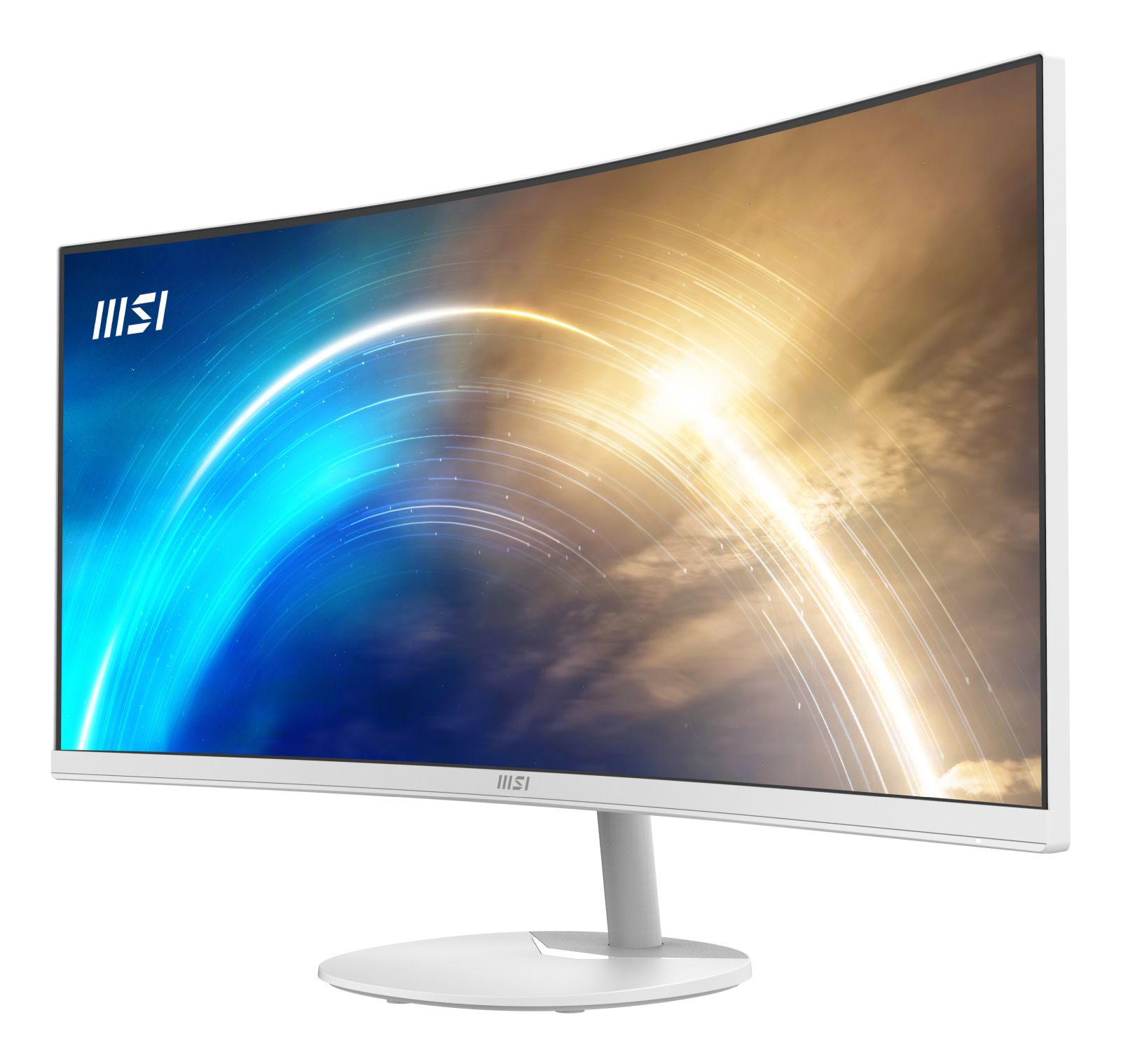 Een witte MSI gebogen monitor toont een levendig blauw en geel abstract lichtpatroon.