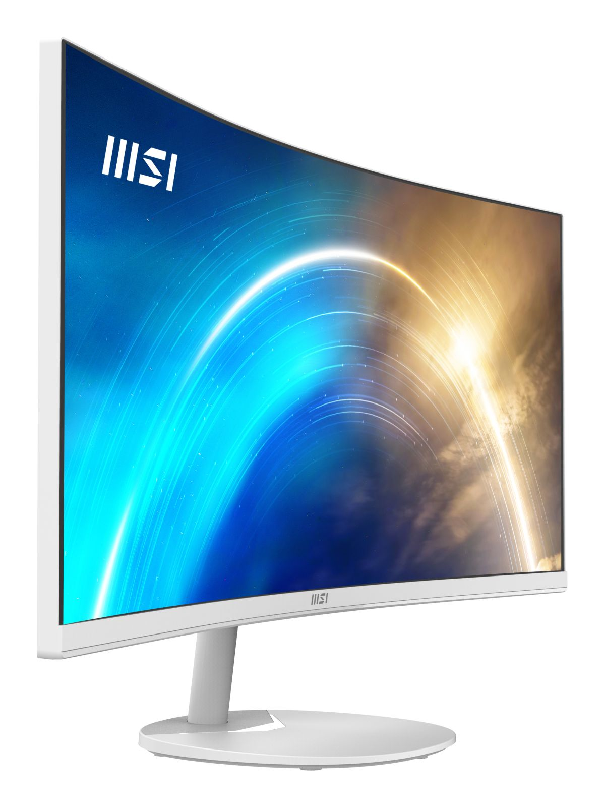 Een witte MSI gebogen monitor met een futuristisch behang.