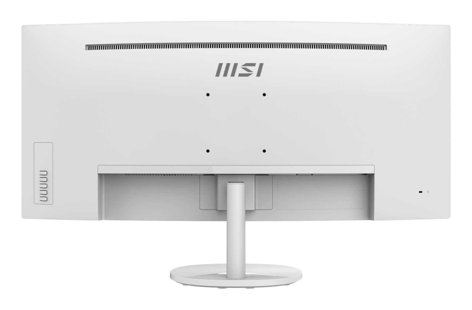 Achterkant van een witte MSI monitor met standaard. Voorzien van ventilatie, poorten, logo.