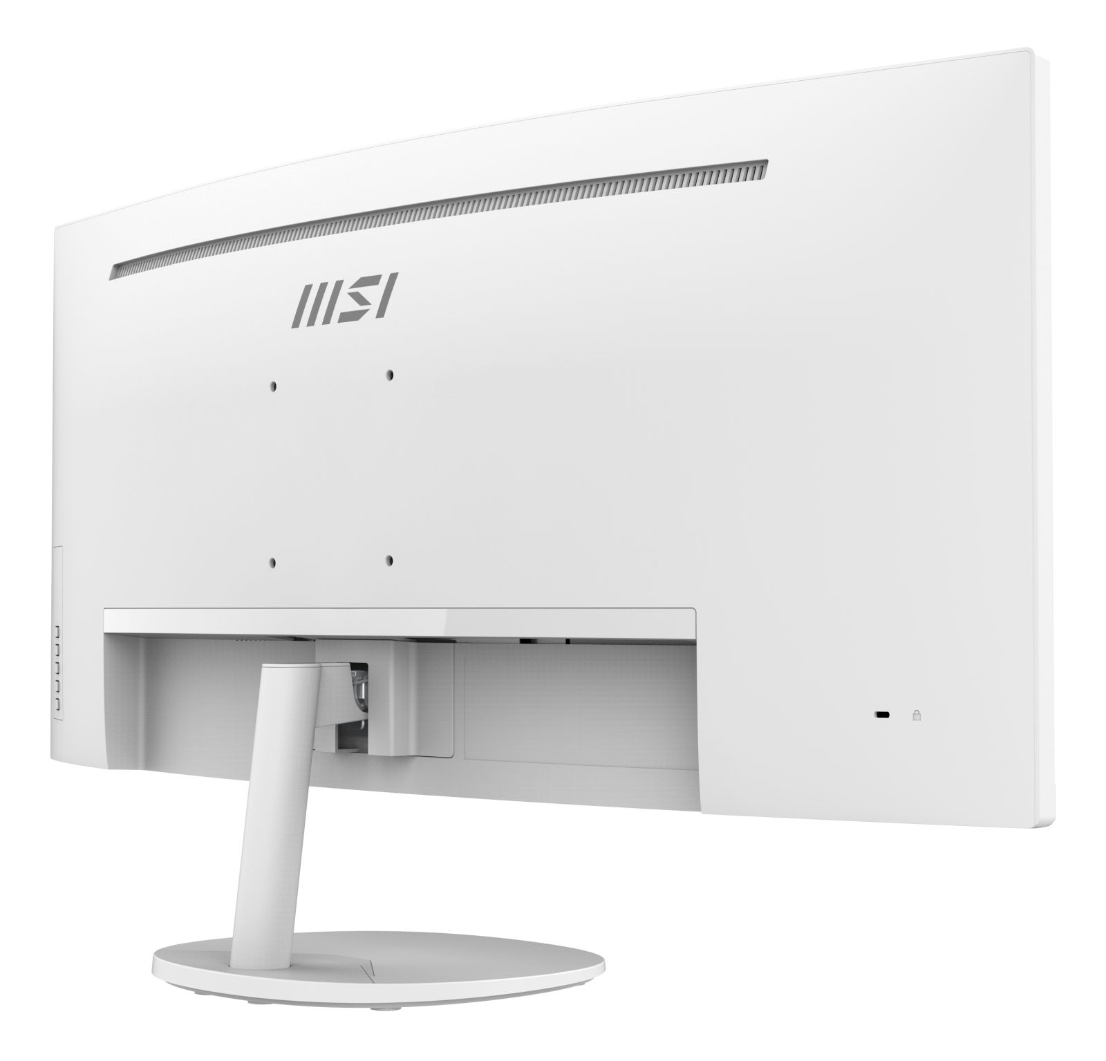 Witte MSI monitorstandaard met zichtbare poorten aan de achterkant. MSI-logo aanwezig.