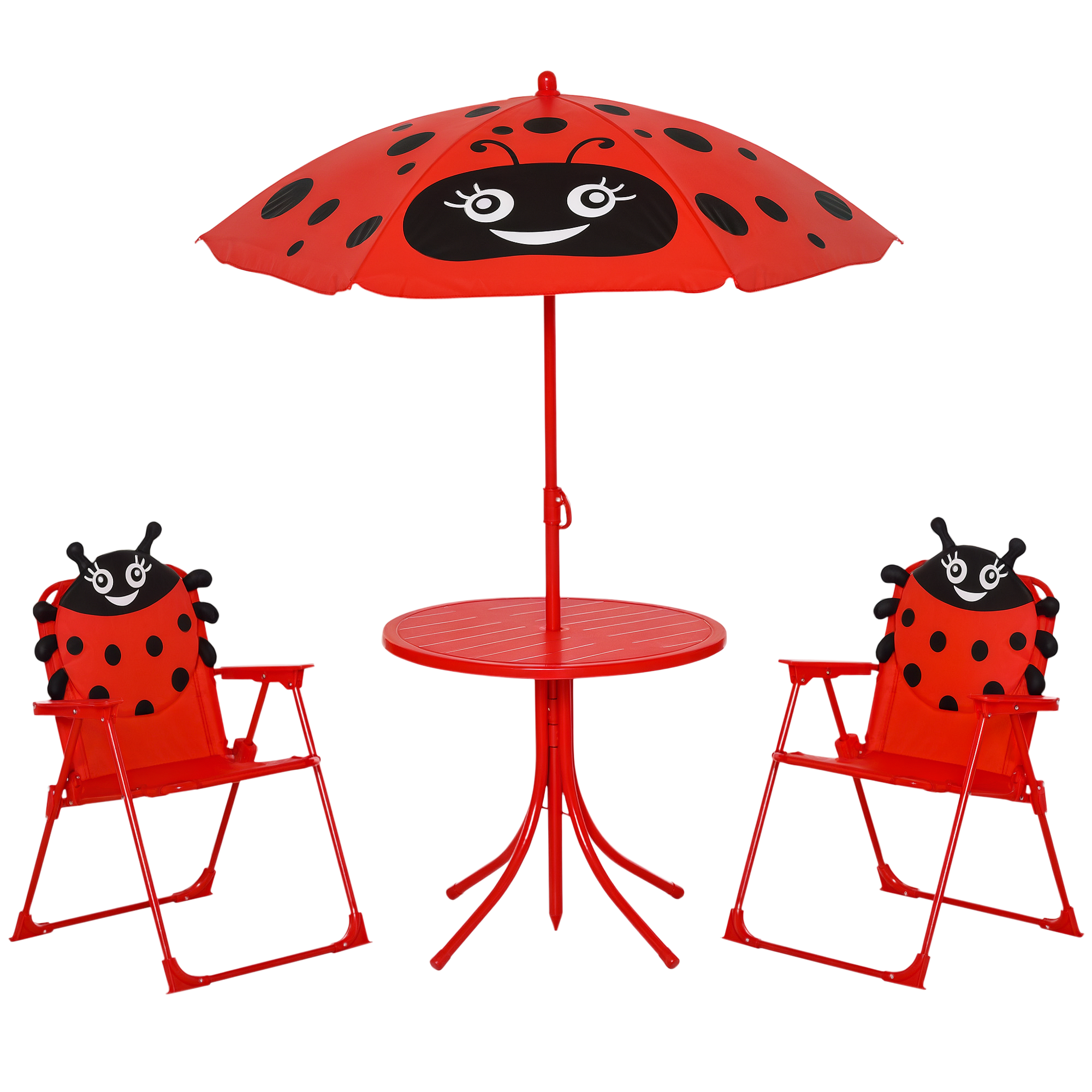 Tavolino e due sedie rosse a tema coccinella con ombrellone coordinato.